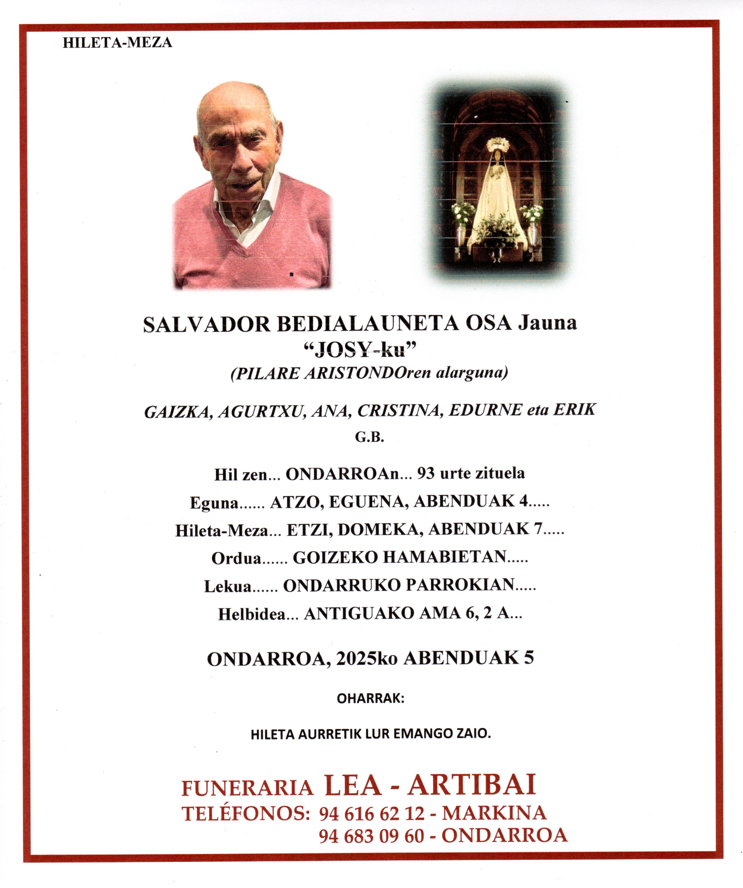 Esquela de Salvador Bedialauneta Osa