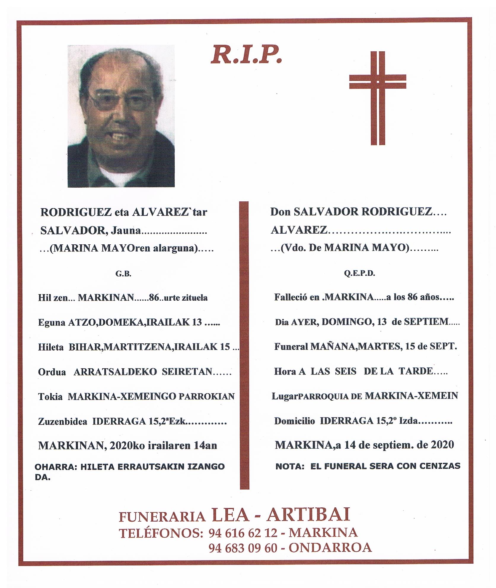 Esquela de Salvador Rodriguez Alvarez