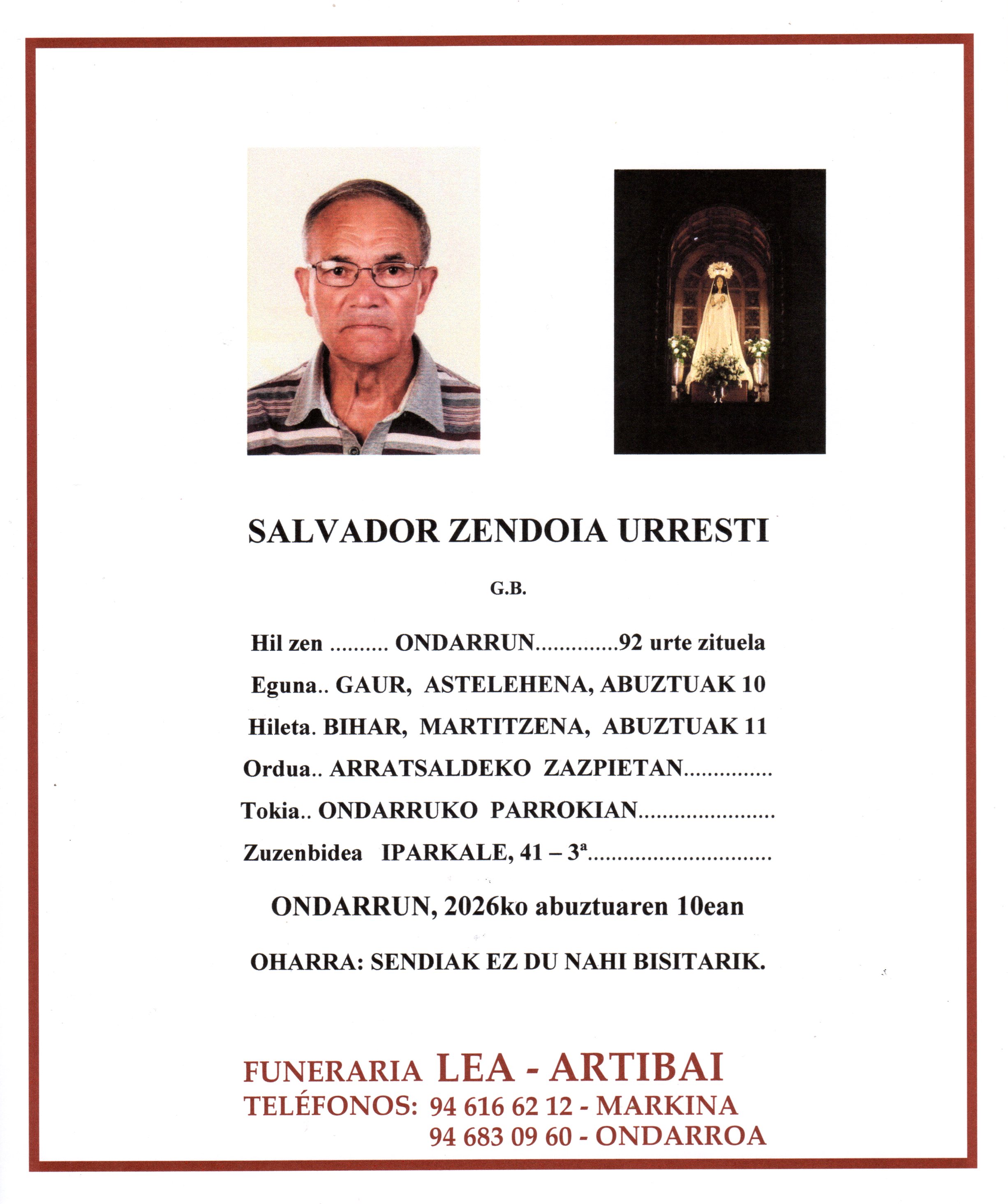 Esquela de Salvador Zendoia Urresti