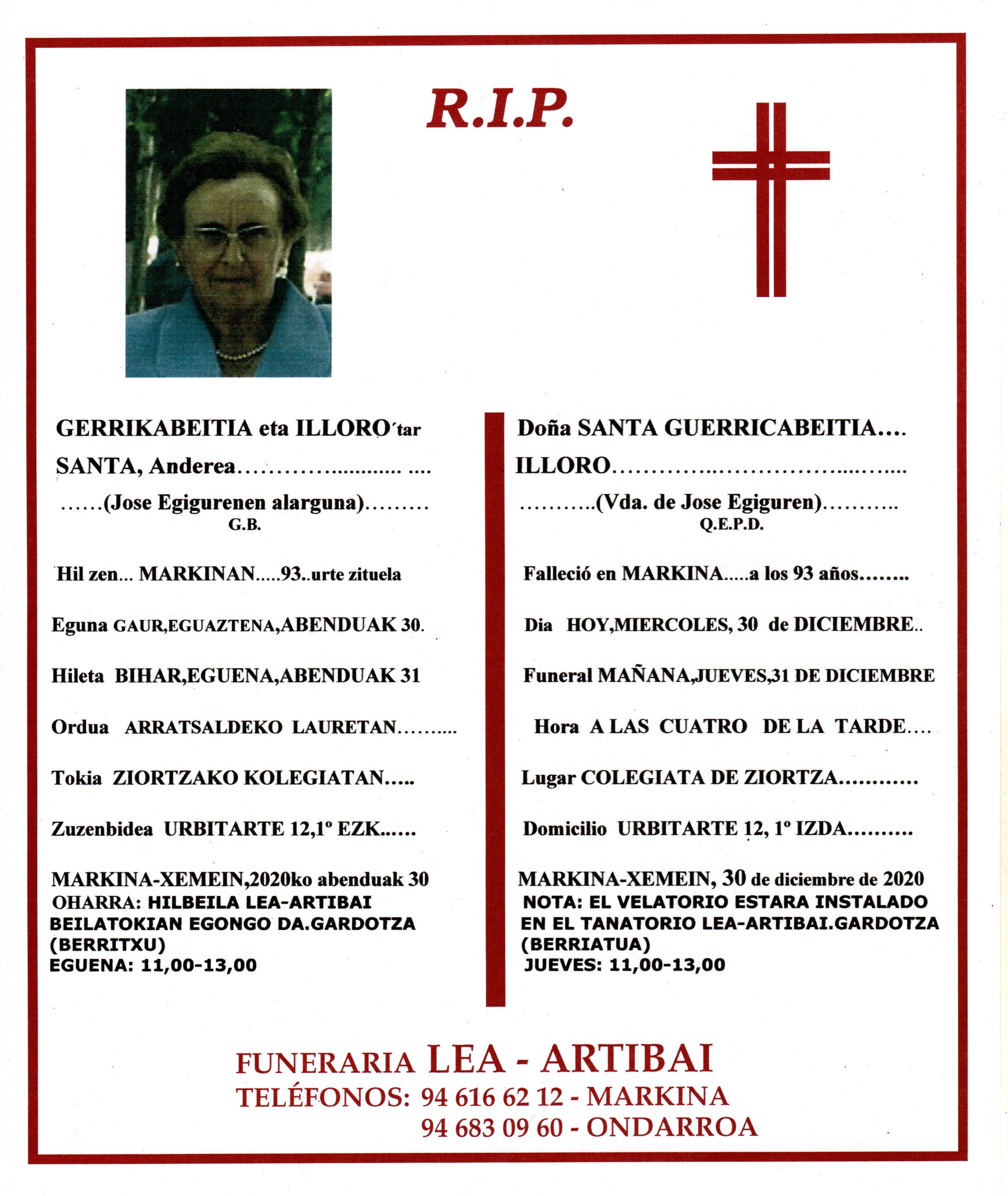 Esquela de Santa Gerrikabeitia Illoro