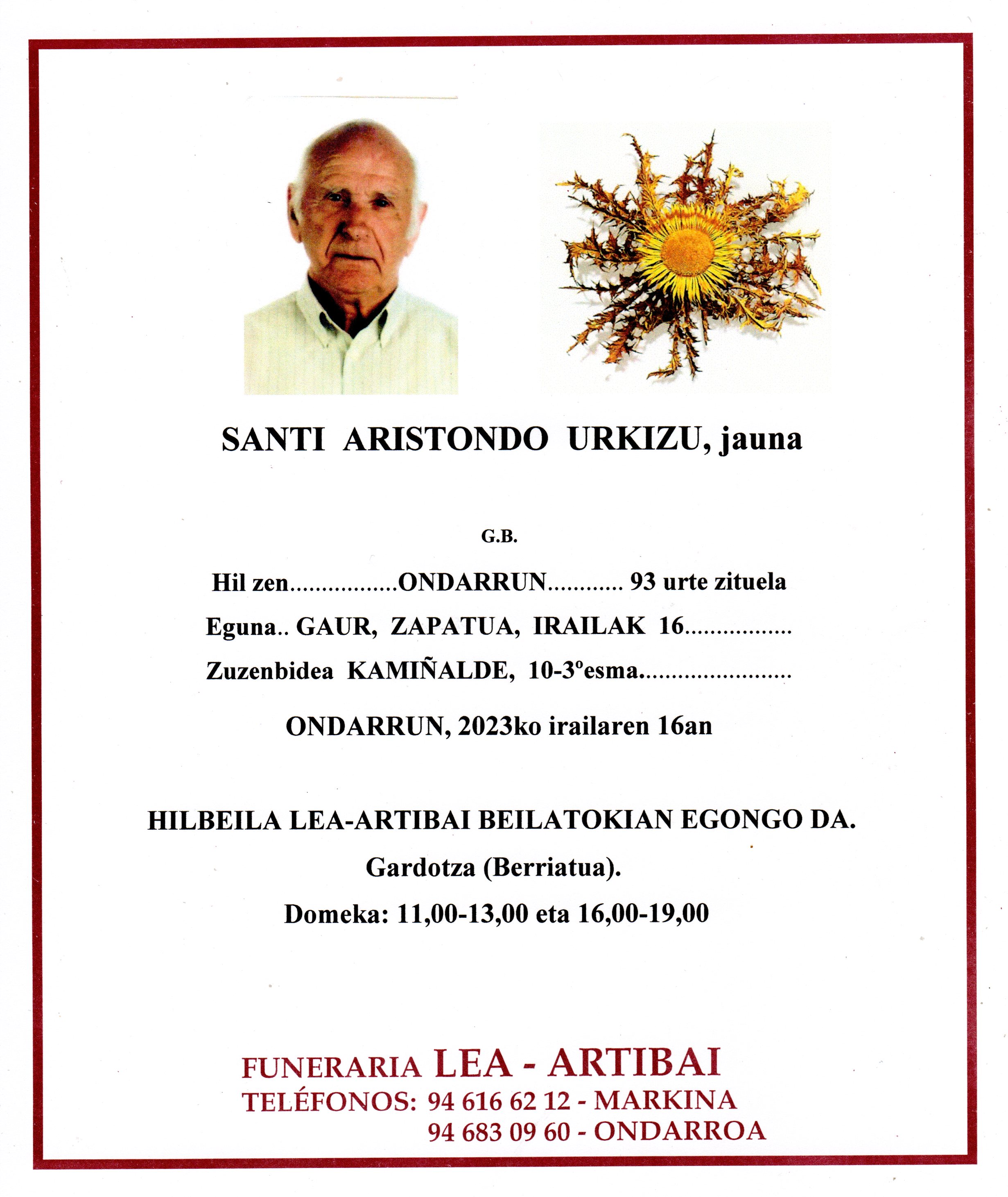Esquela de Santi Aristondo Urkizu