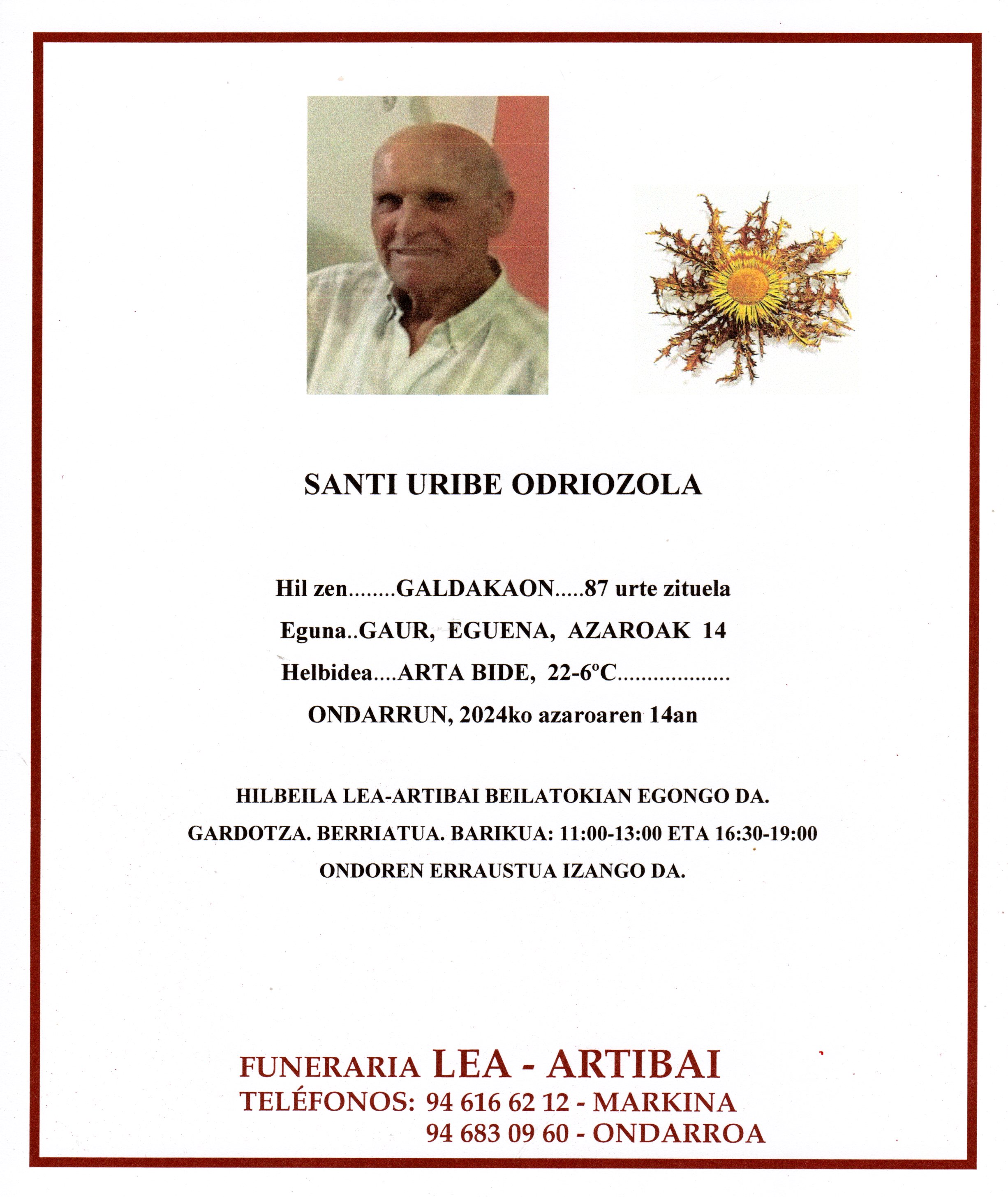 Esquela de Santi Uribe Odriozola
