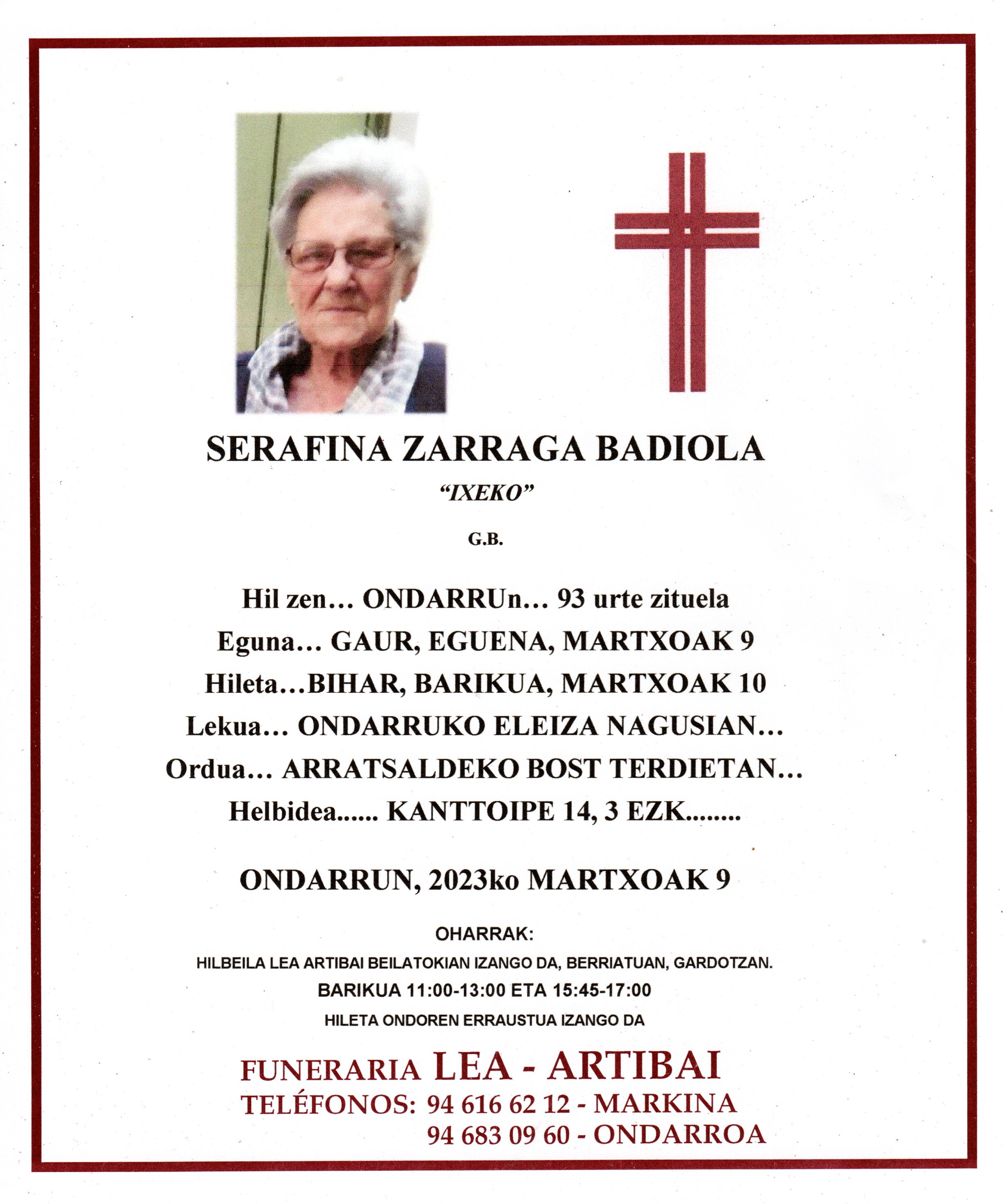 Esquela de Serafina Zarraga Badiola