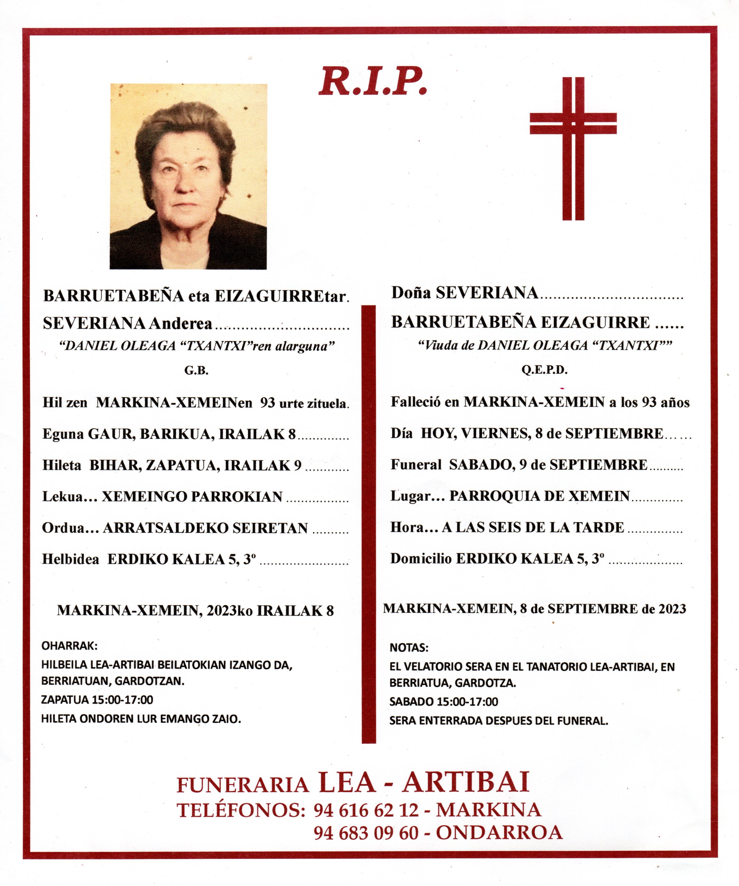 Esquela de Severiana Barruetabeña Eizagirre