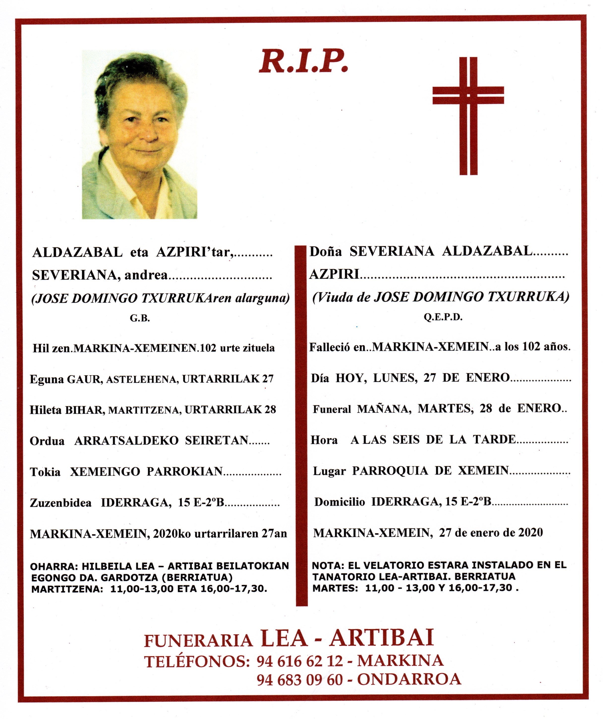Esquela de Severiana Aldazabal Azpiri