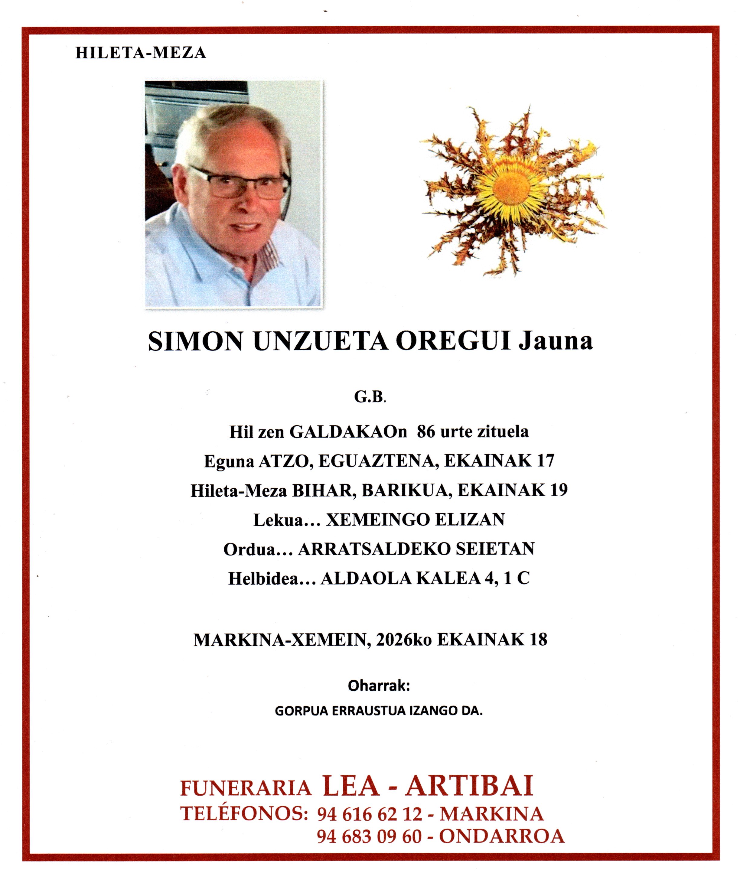 Esquela de Simon Unzueta Oregui
