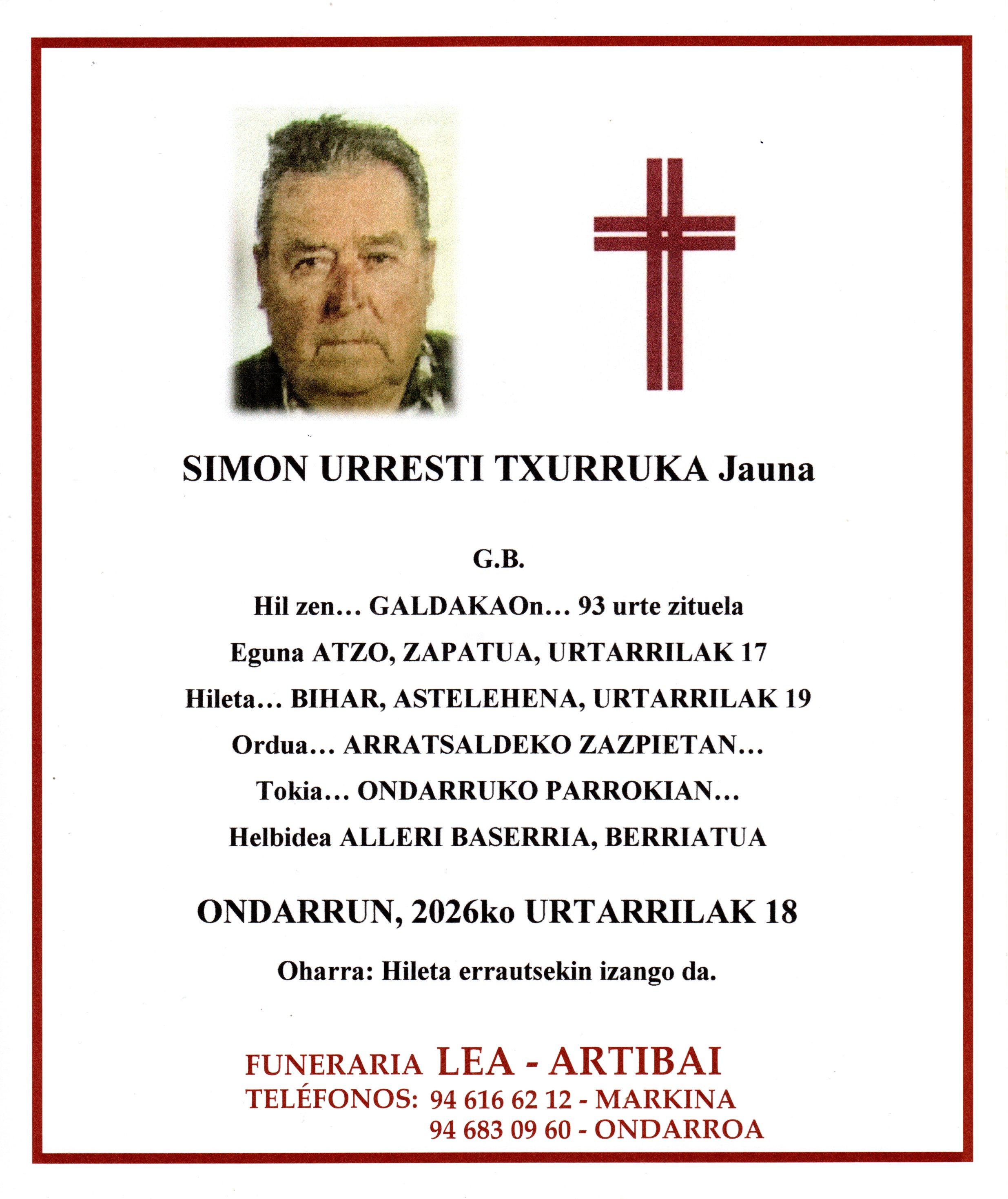 Esquela de Simon Urresti Txurruka