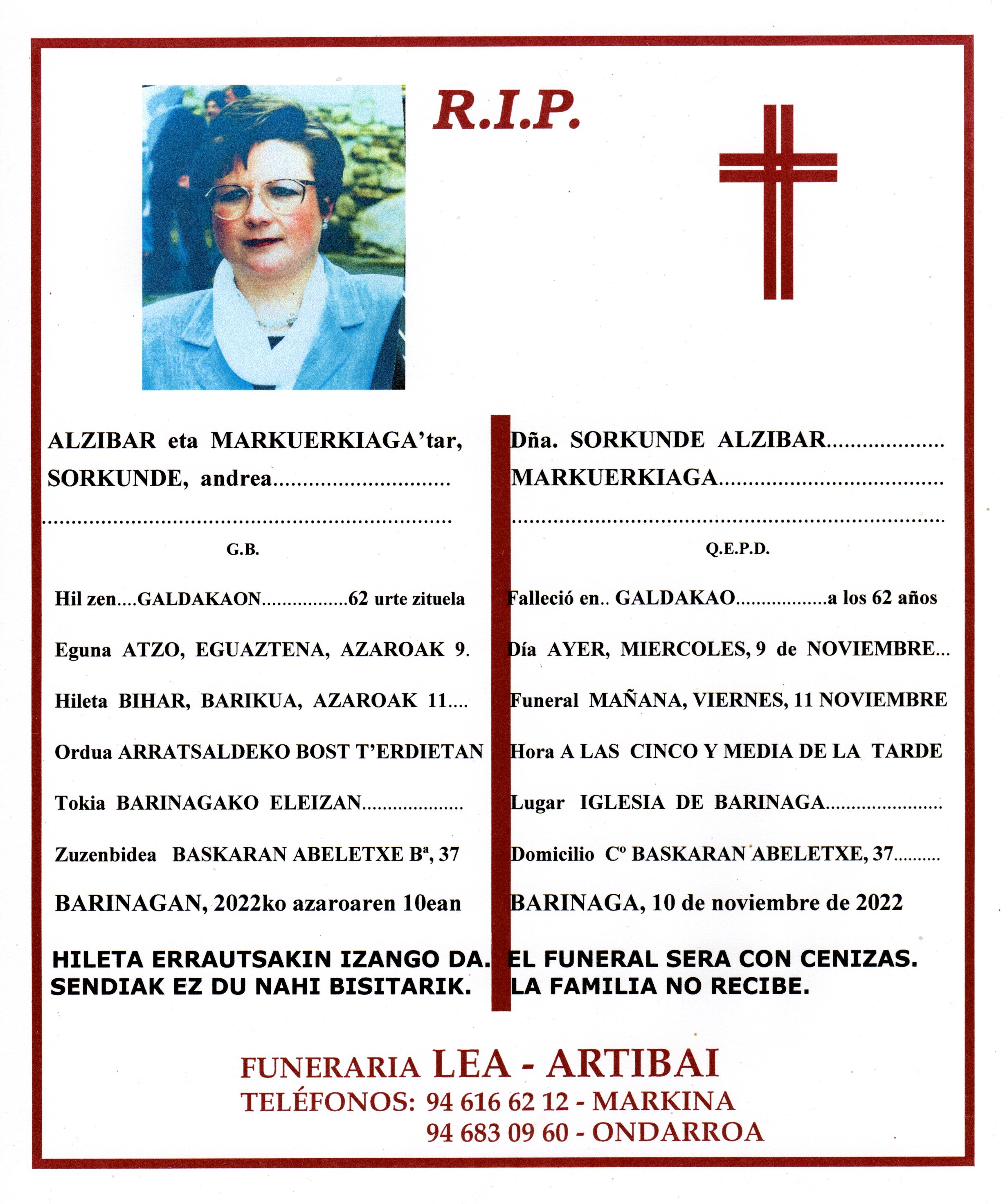 Esquela de Sorkunde Alzibar Markuerkiaga