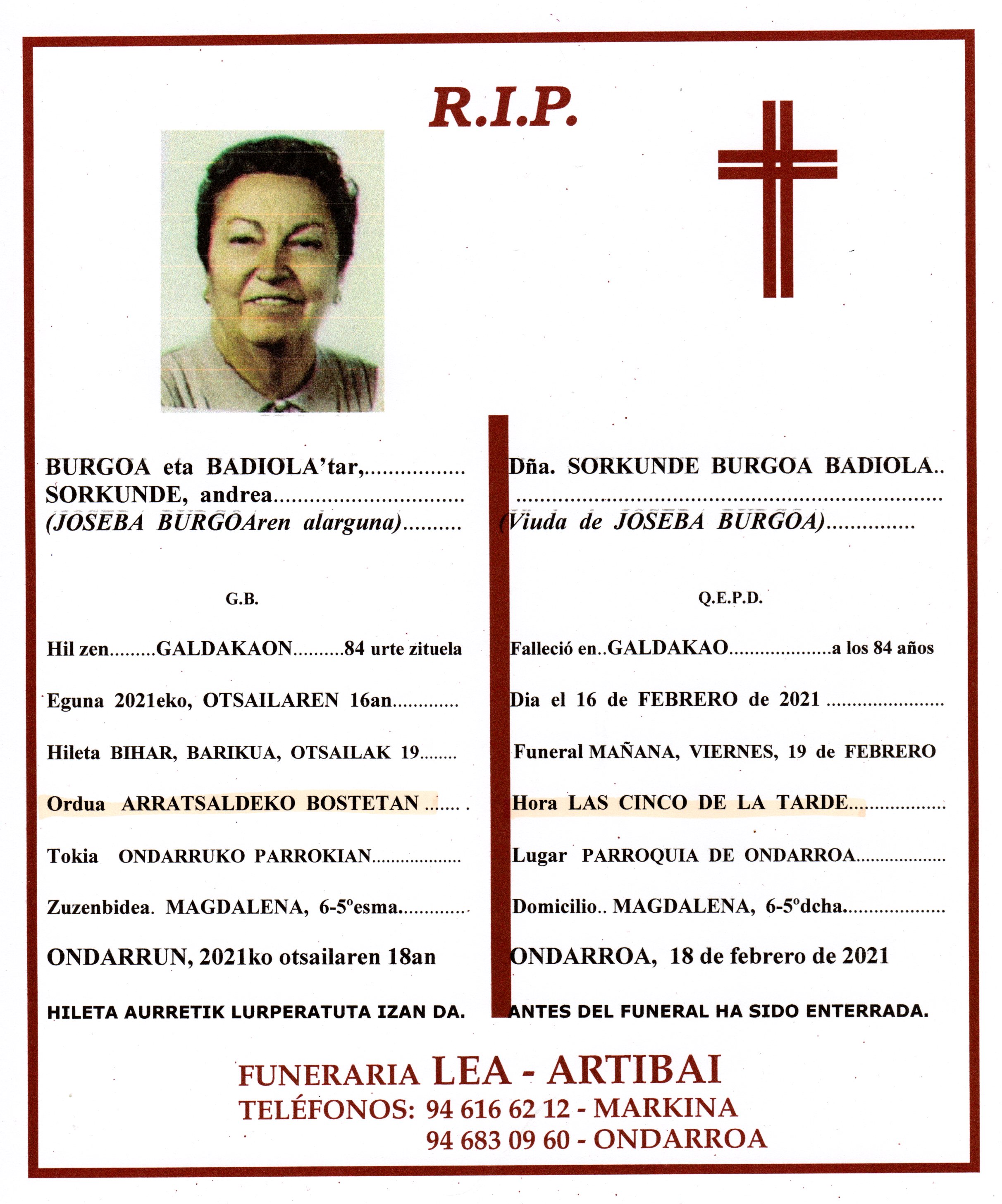Esquela de Sorkunde Burgoa Badiola