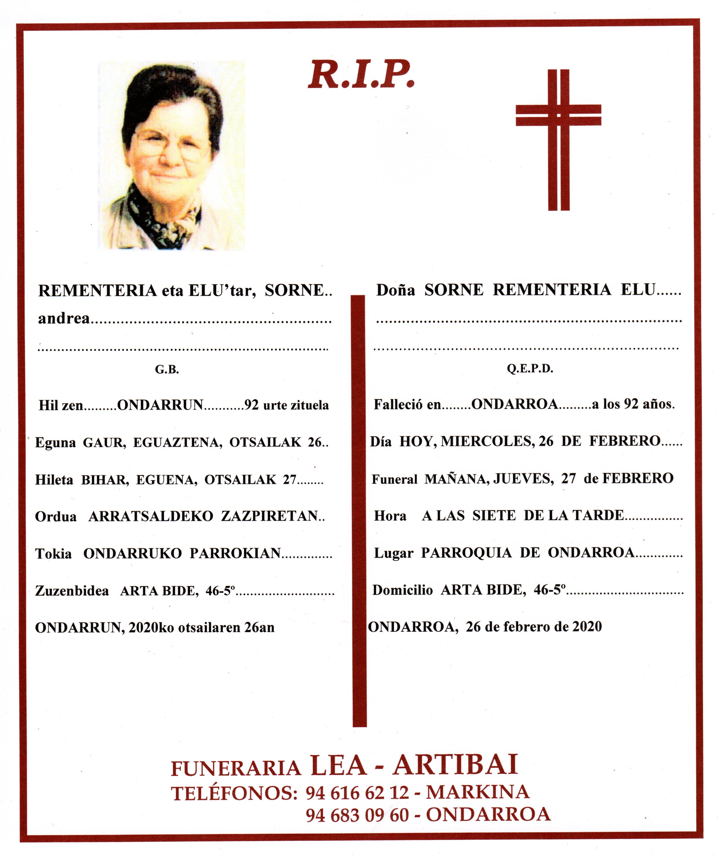 Esquela de Sorne Rementeria Elu