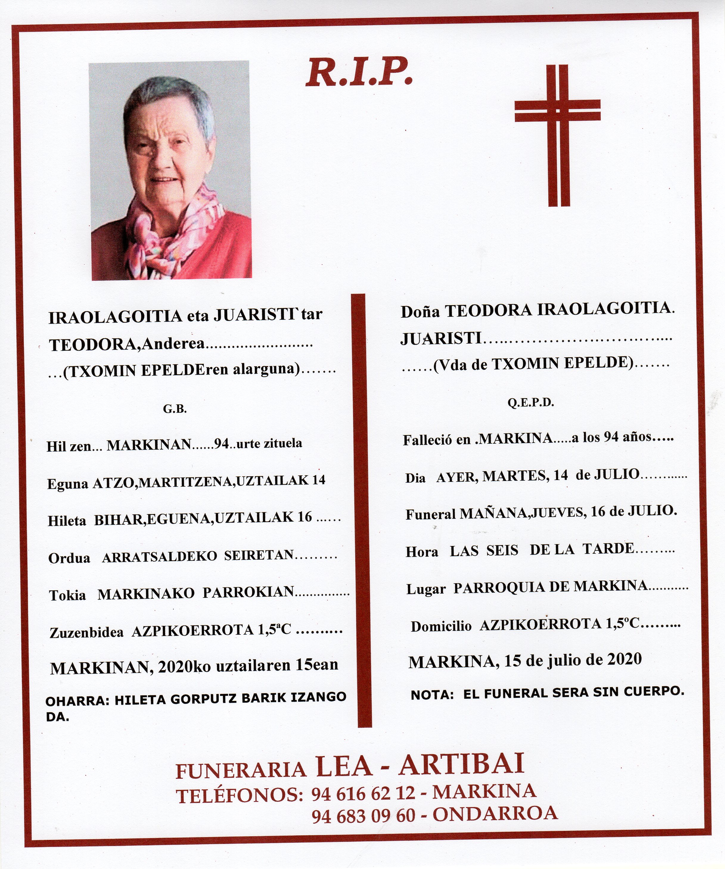 Esquela de Teodora Iraolagoitia Juaristi