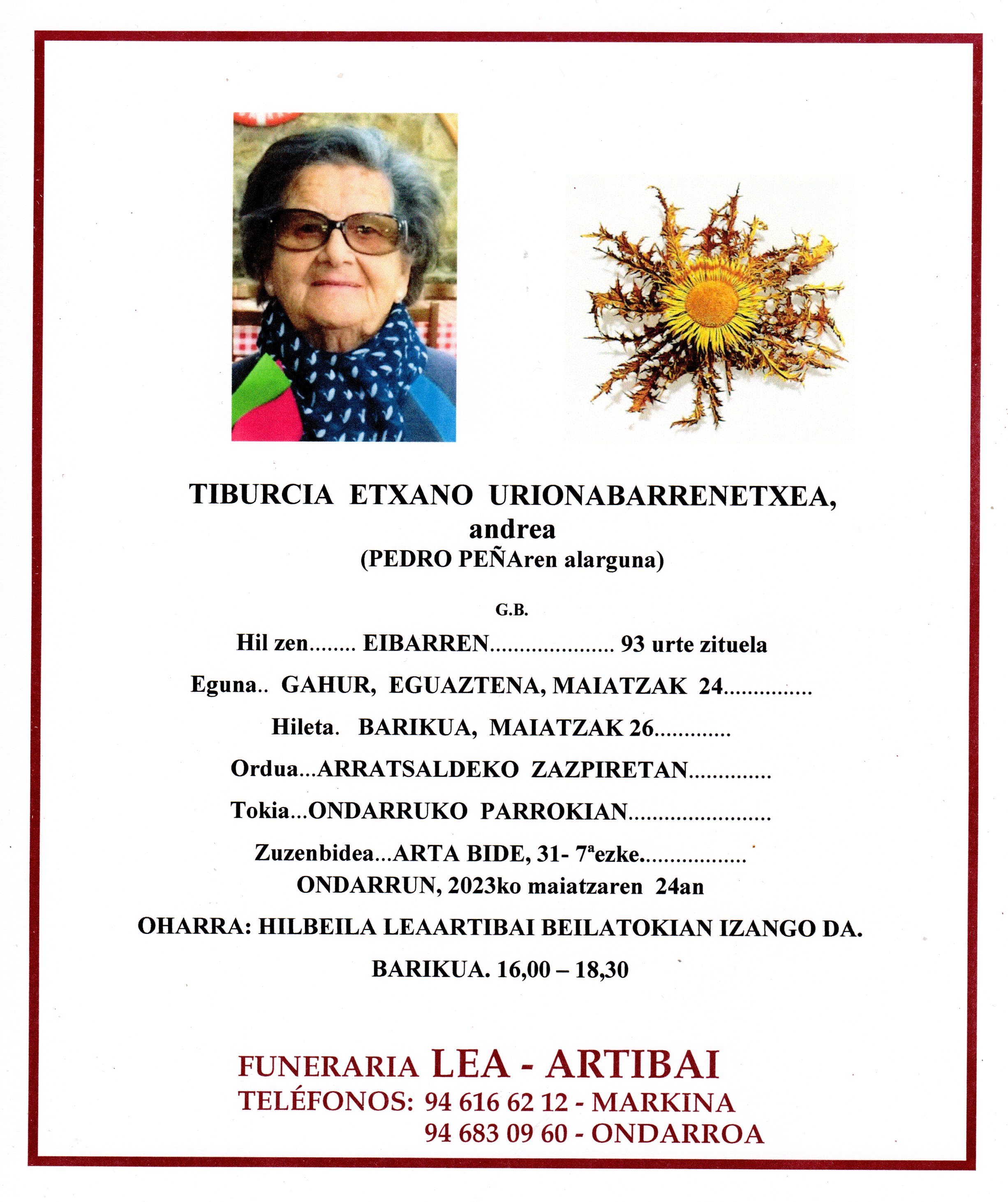 Esquela de Tiburcia Etxano Urionabarrenetxea