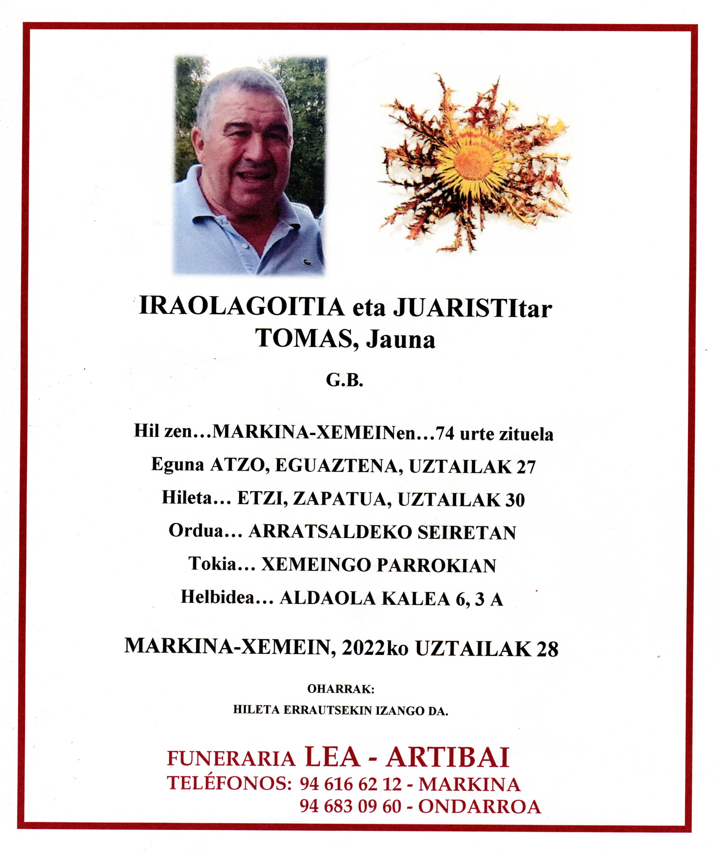 Esquela de Tomas Iraolagoitia Juaristi