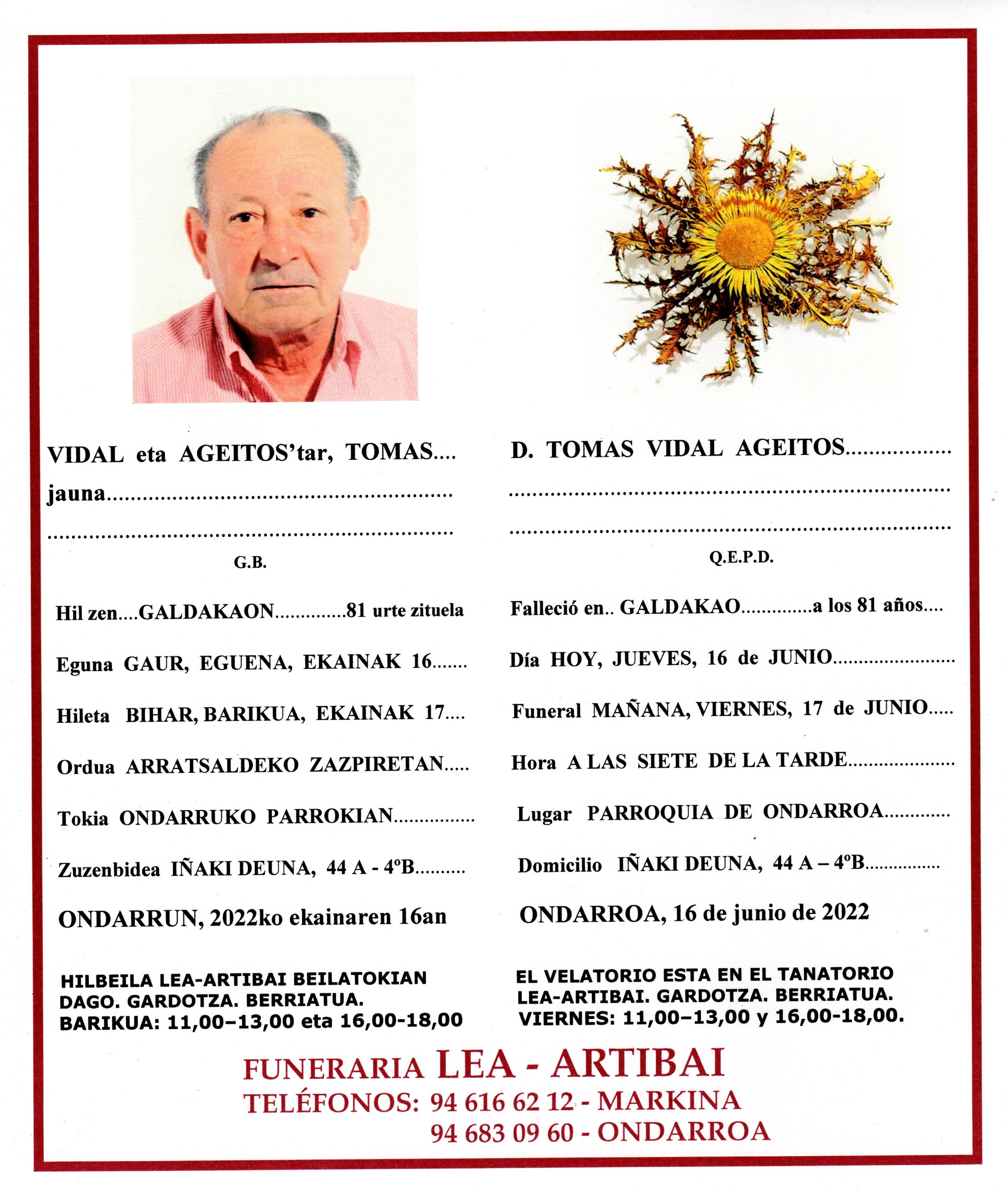 Esquela de Tomas Vidal Ageitos