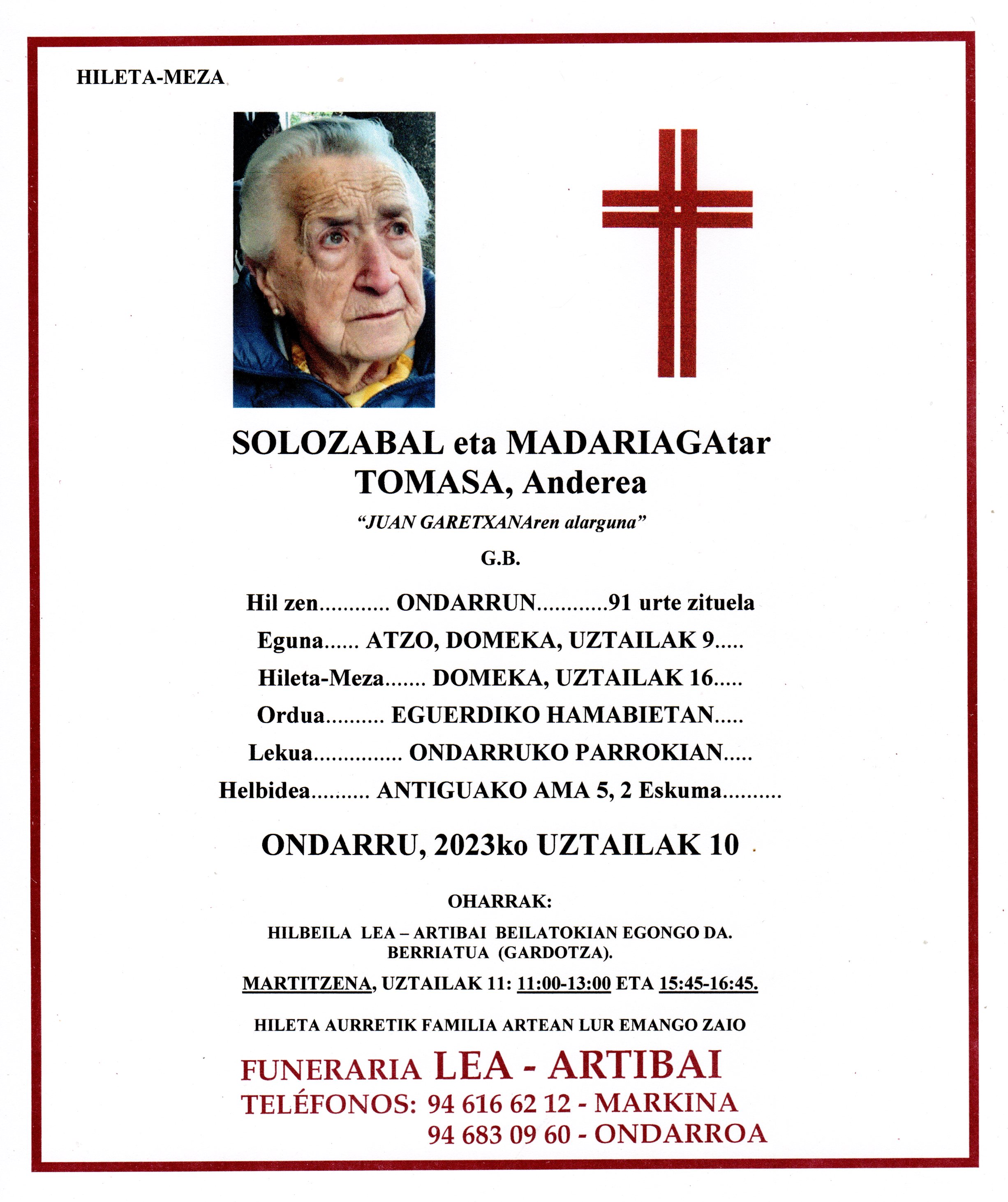 Esquela de Tomasa Solozabal Madariaga