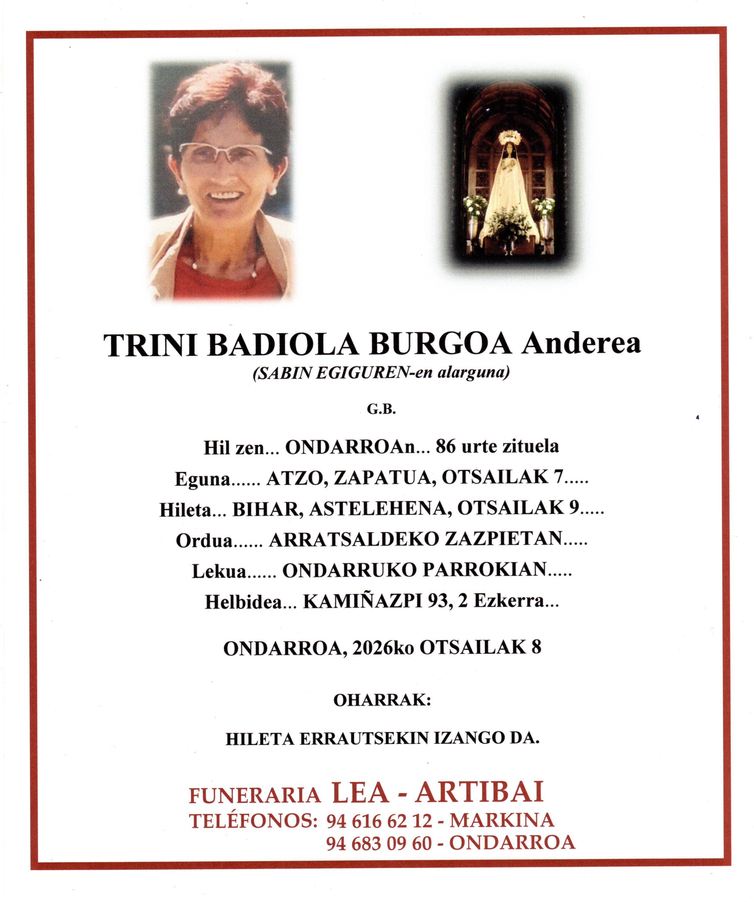 Esquela de Trini Badiola Burgoa