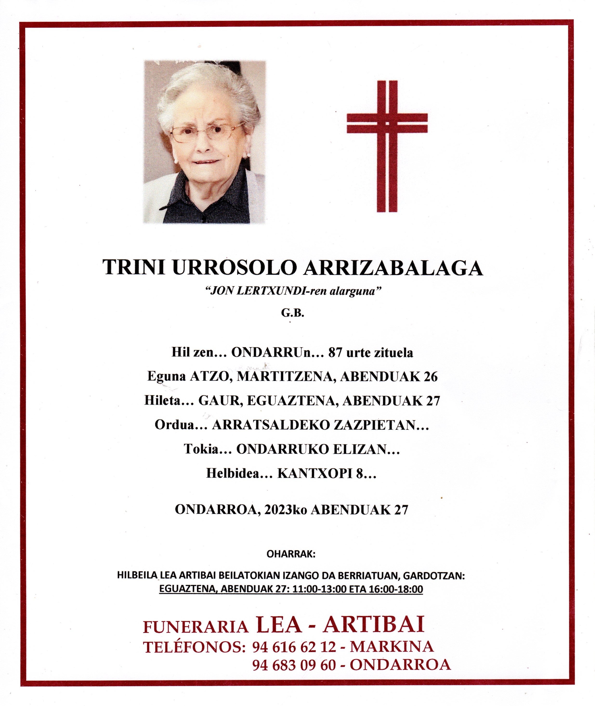 Esquela de Trini Urrosolo Arrizabalaga
