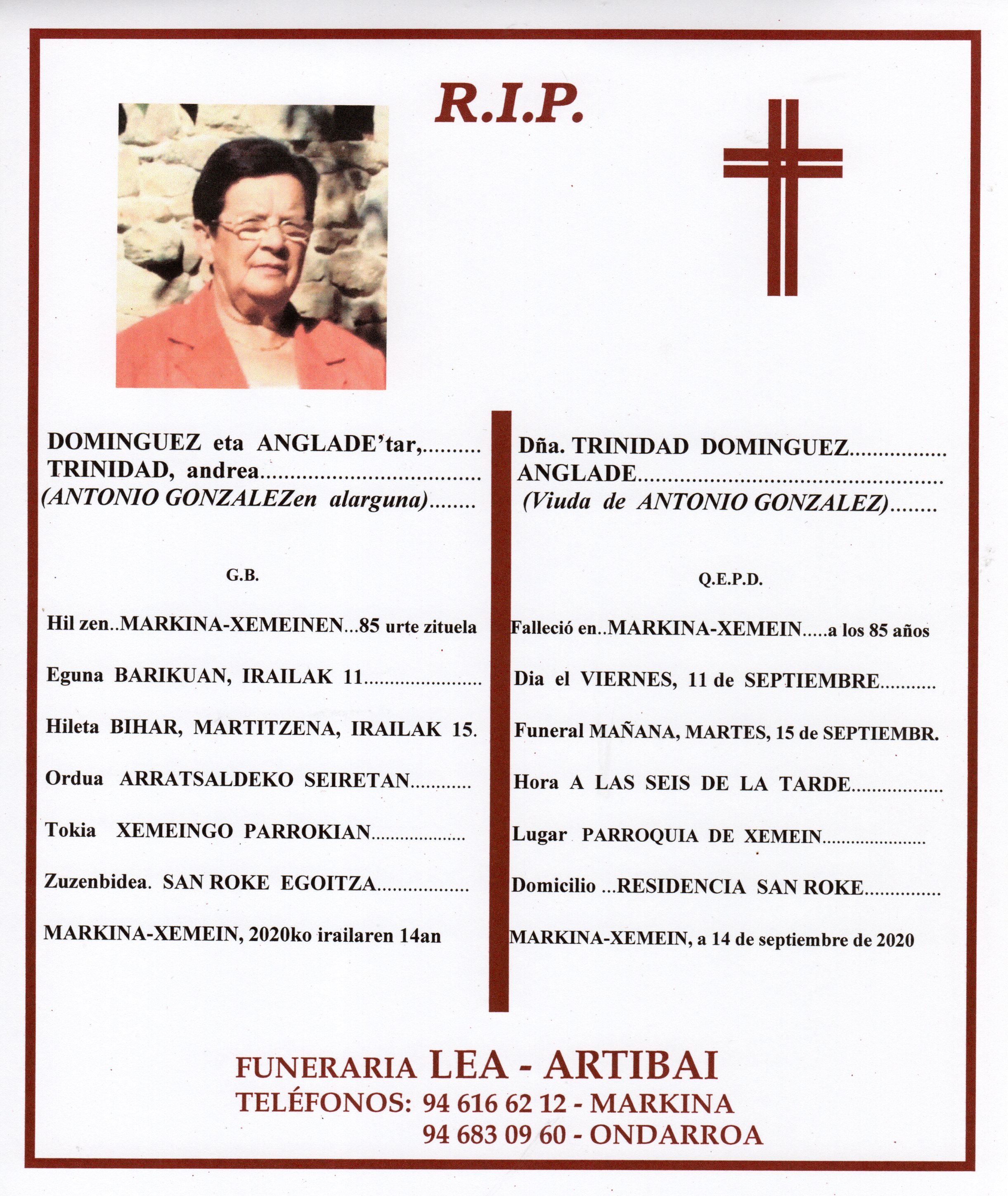 Esquela de Trinidad Dominguez Anglade