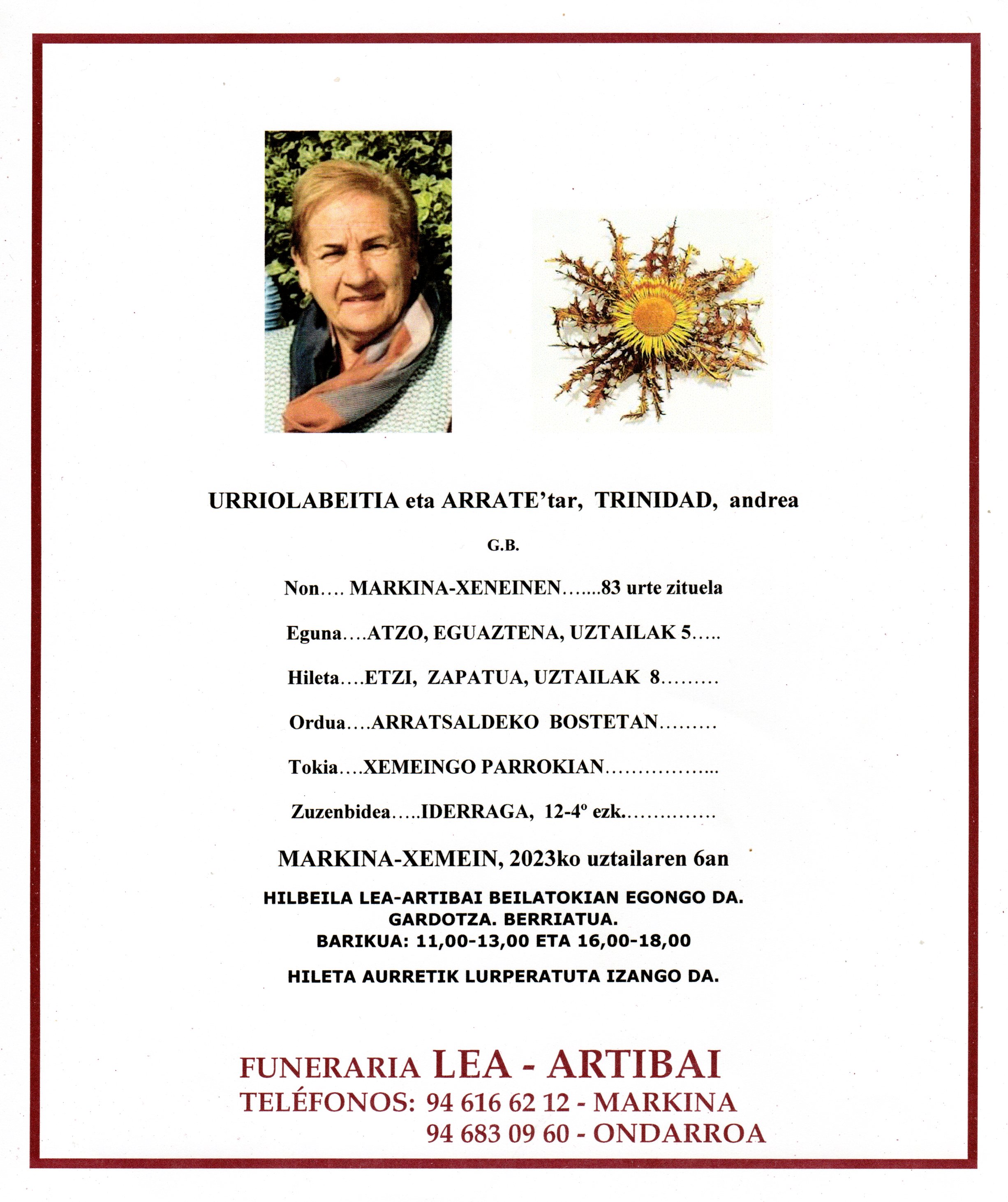 Esquela de Trinidad Urriolabeitia Arrate