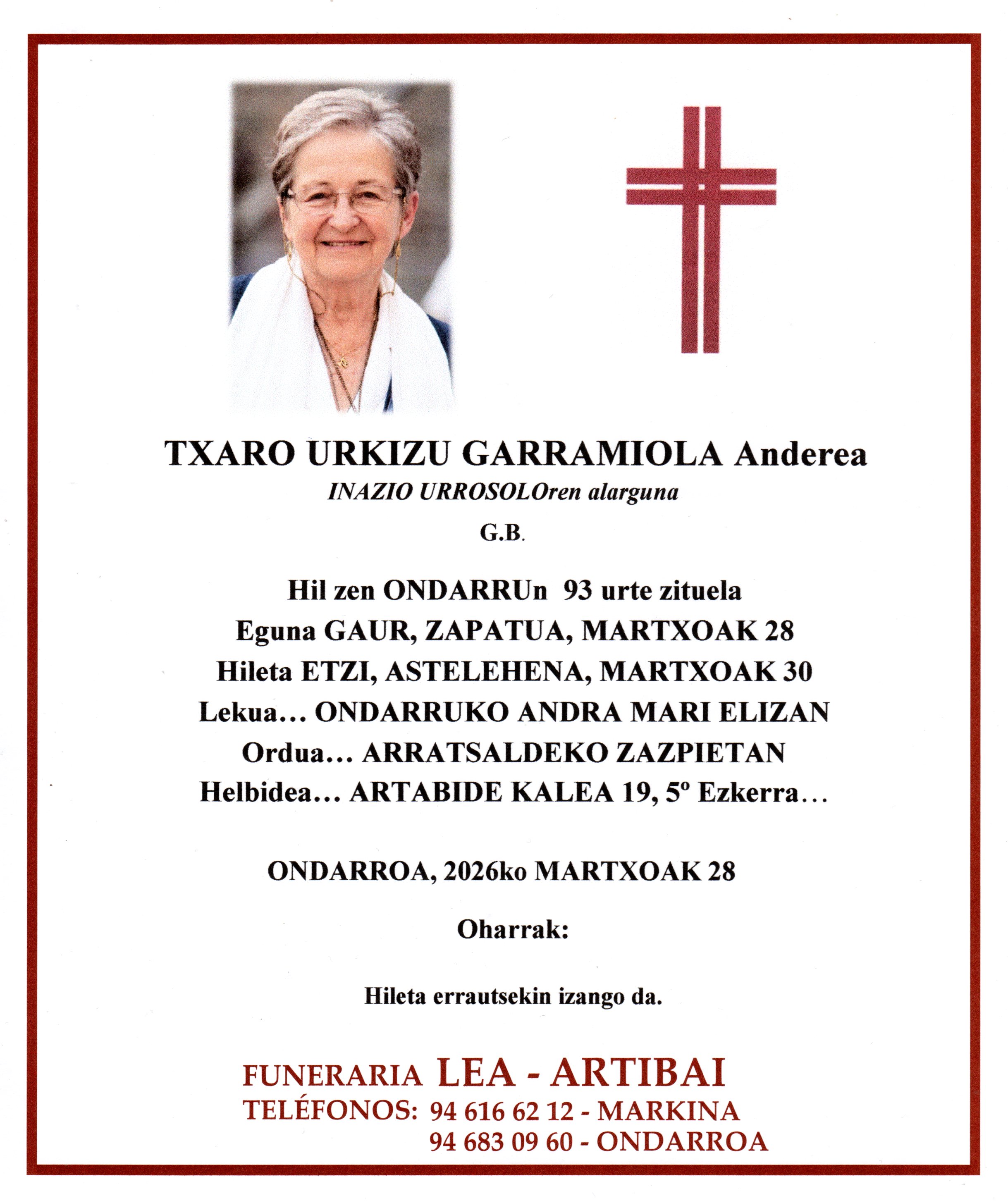 Esquela de Txaro Urkizu Garramiola