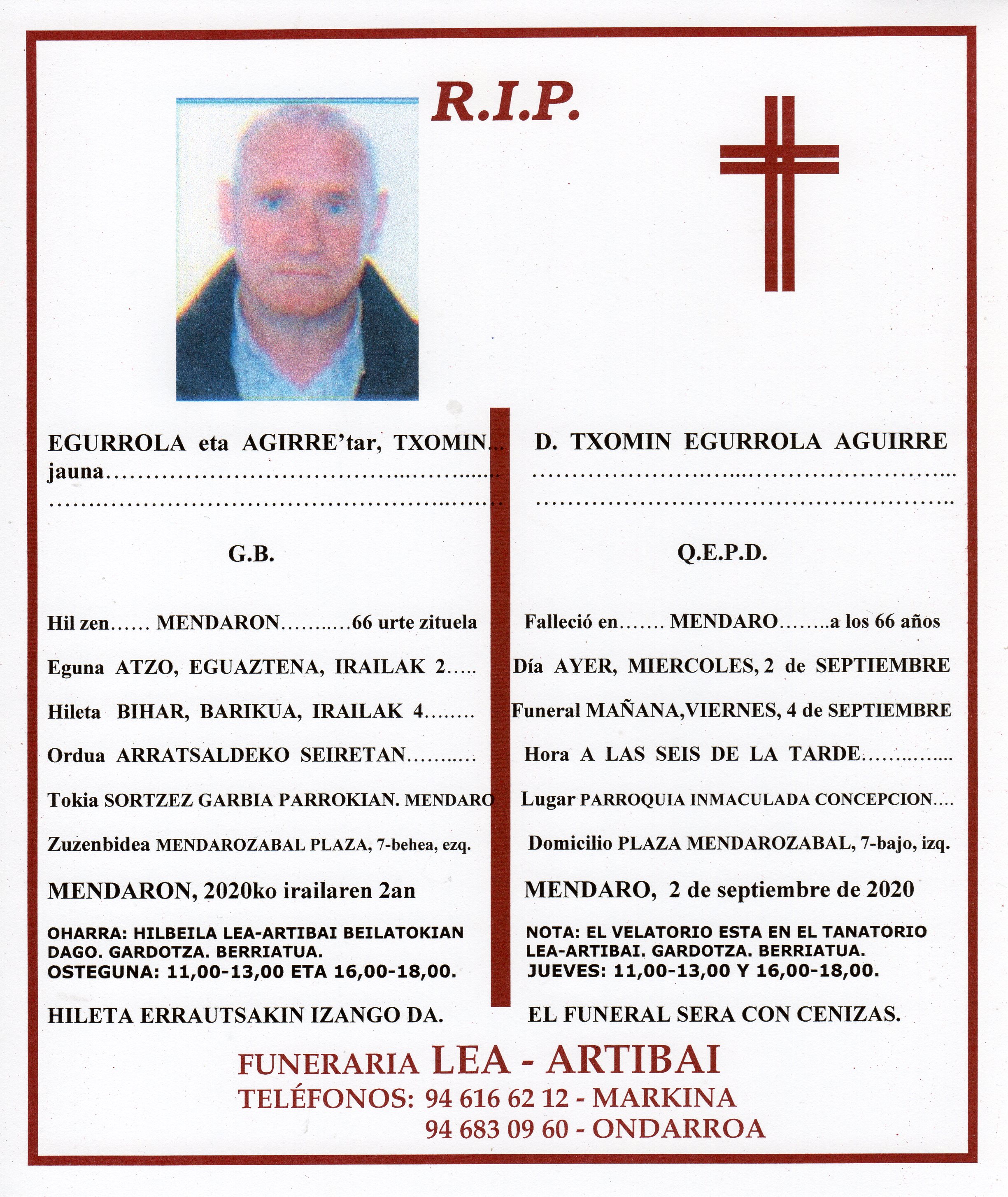Esquela de Txomin Egurrola Agirre