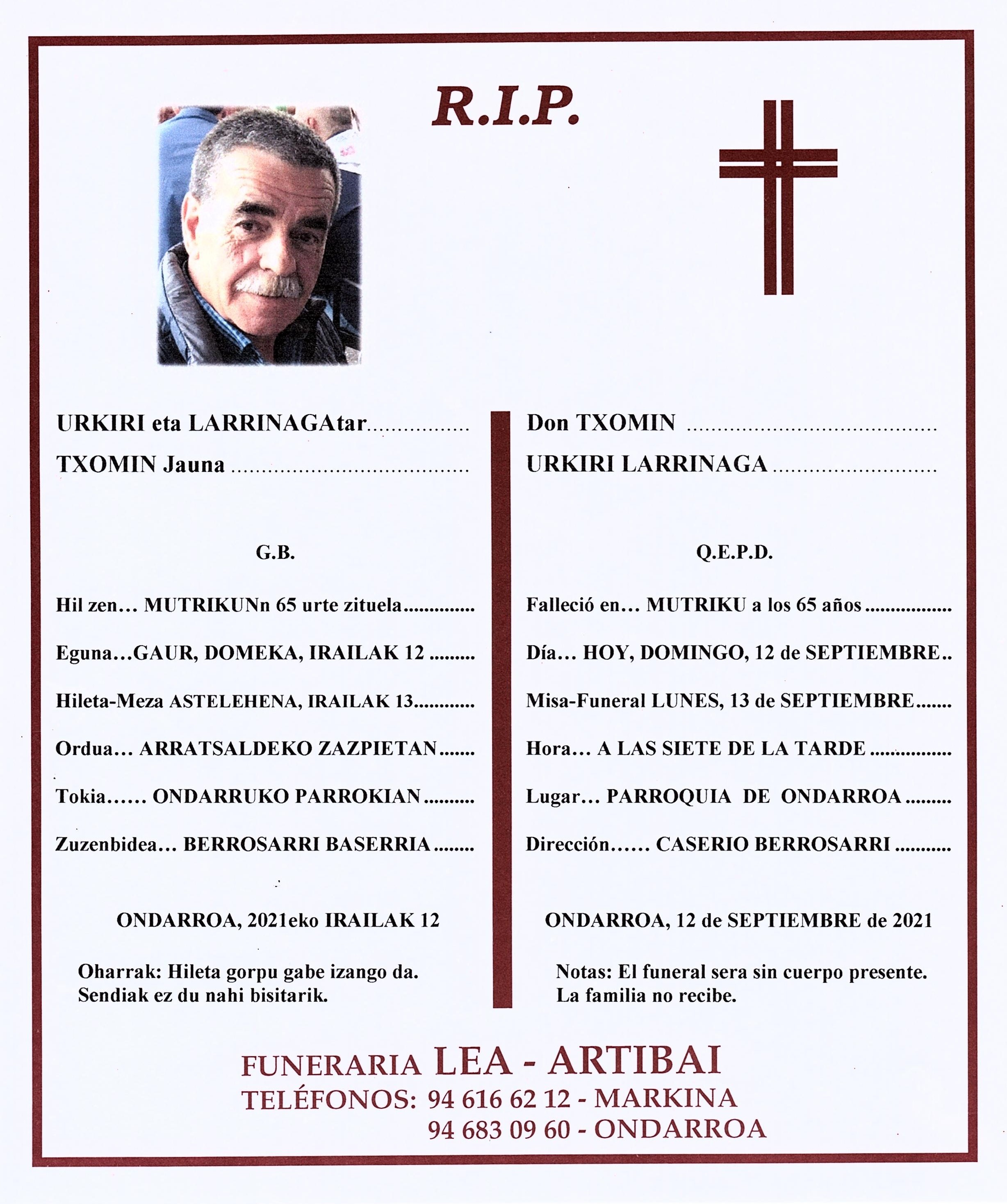 Esquela de Txomin Urkiri Larrinaga