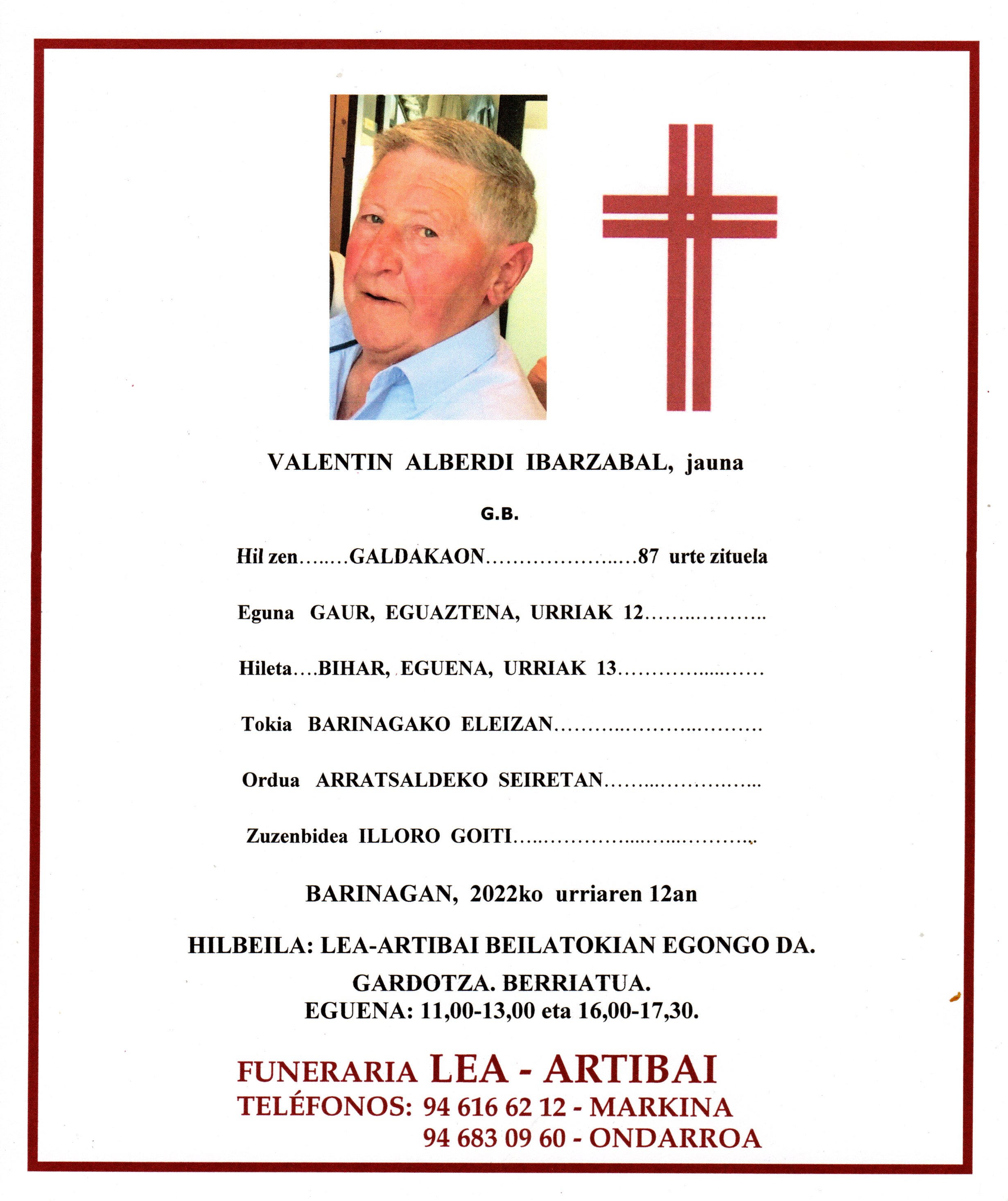 Esquela de Valentin Alberdi Ibarzabal