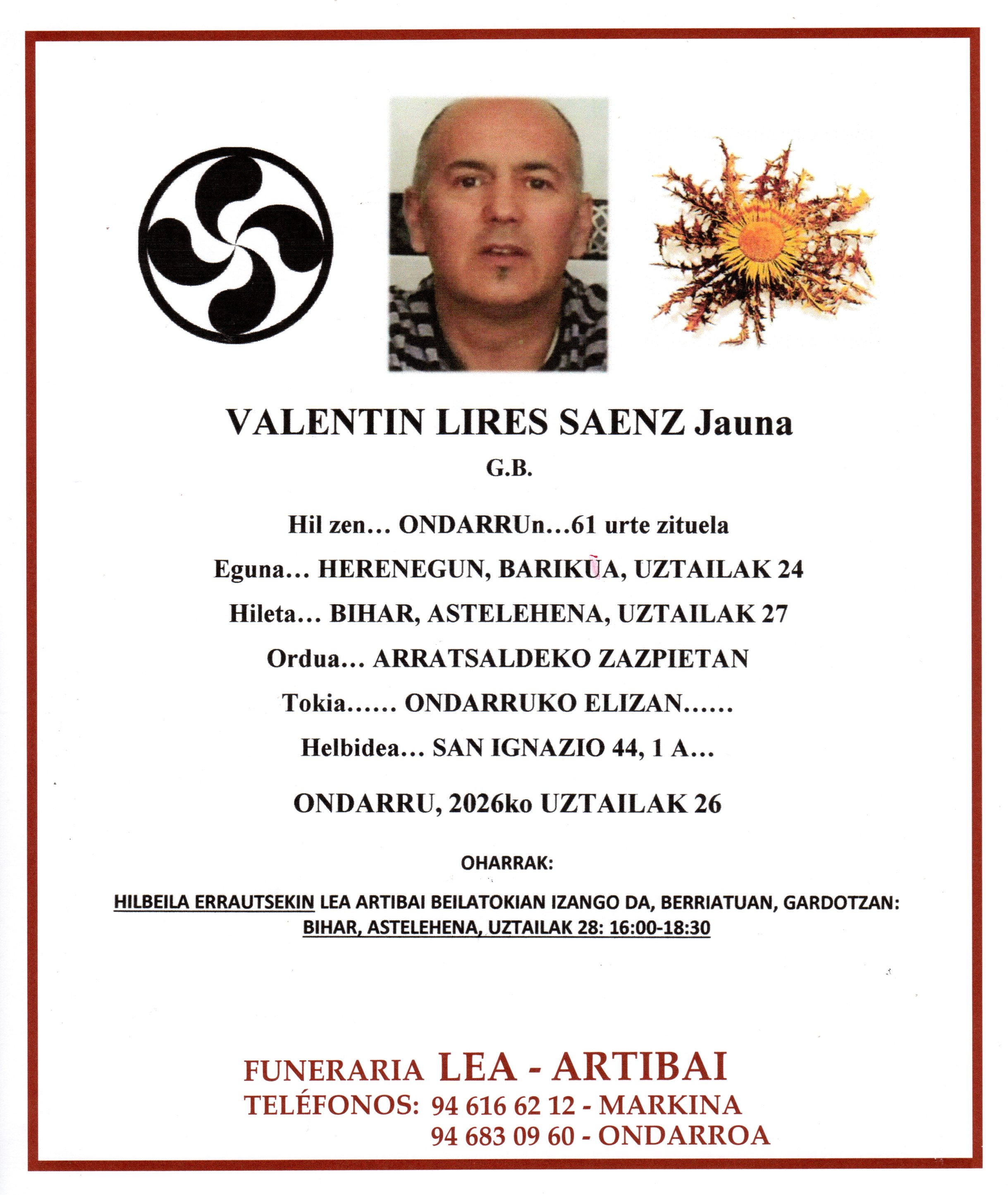 Esquela de Valentin Lires Saenz