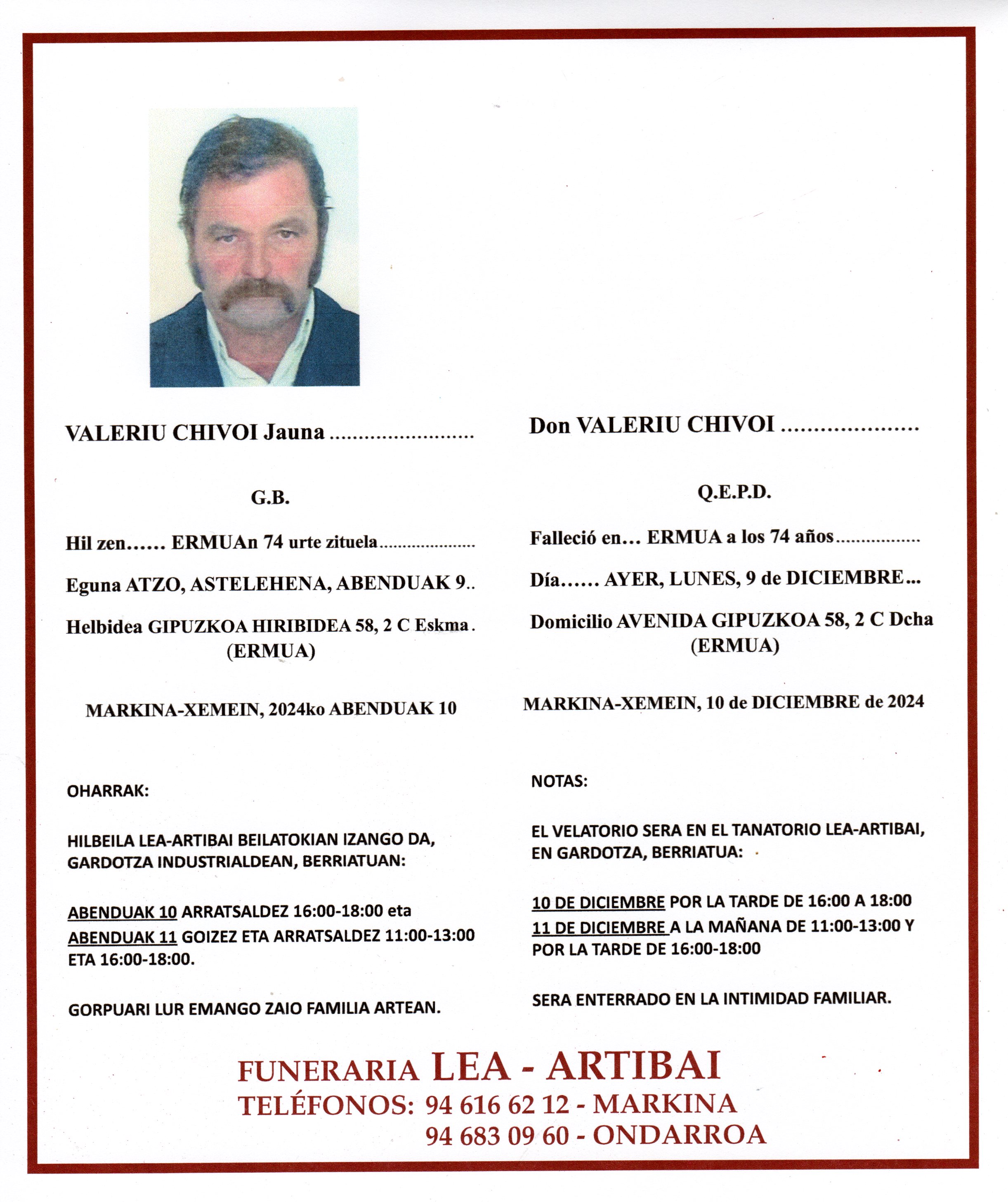 Esquela de Valeriu Chivoi