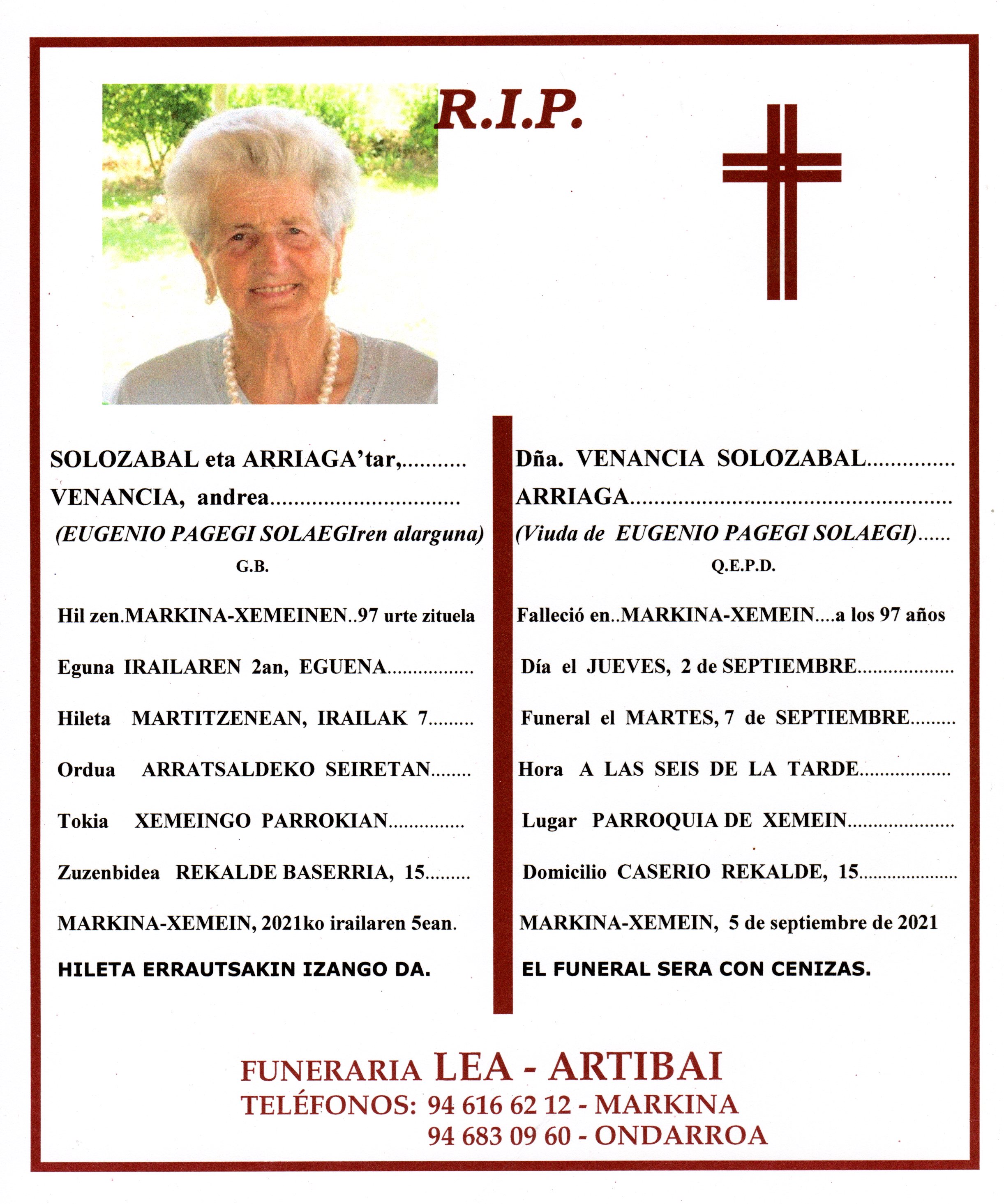 Esquela de Venancia Solozabal Arriaga