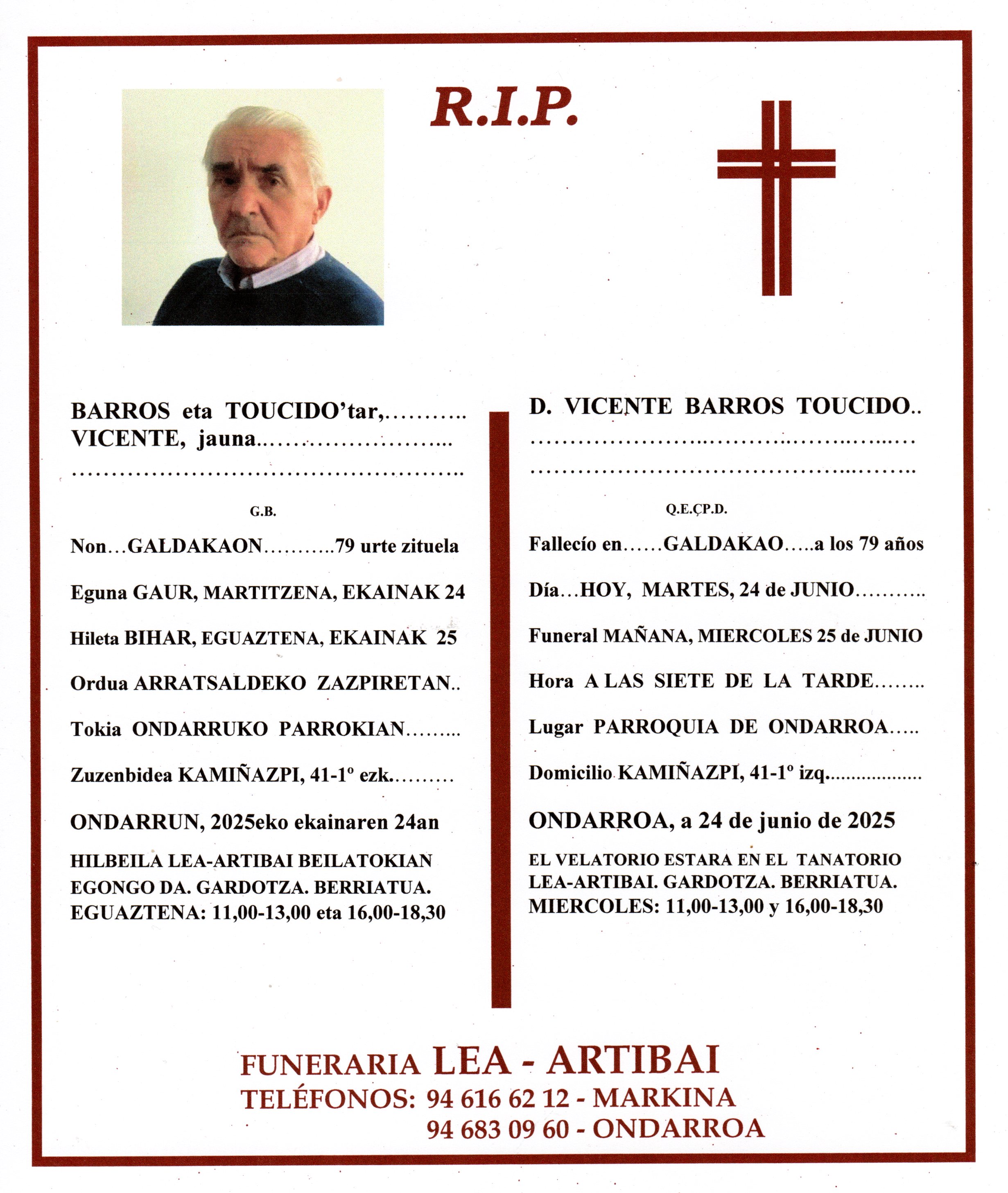 Esquela de Vicente Barros Toucido