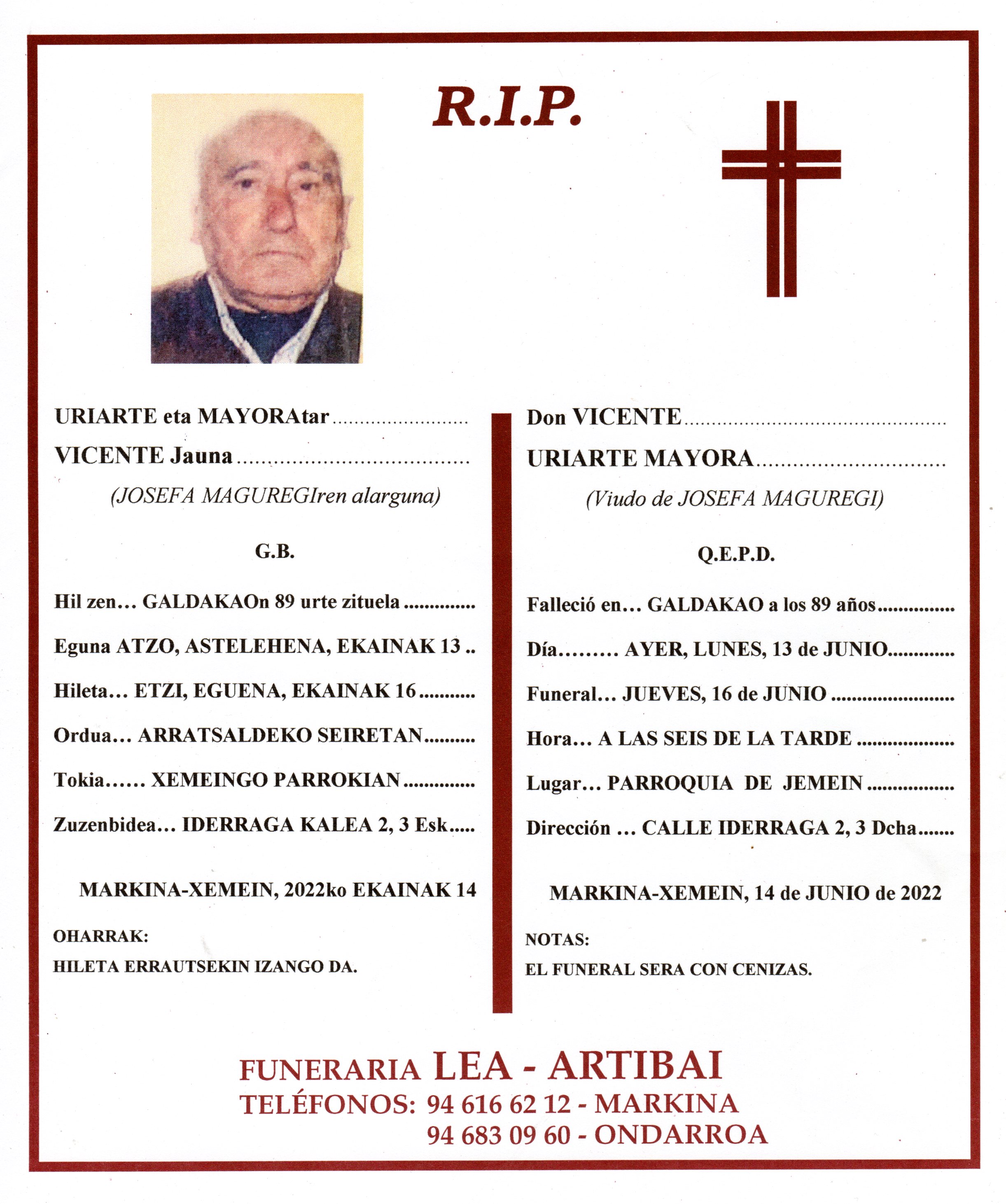 Esquela de Vicente Uriarte Mayora