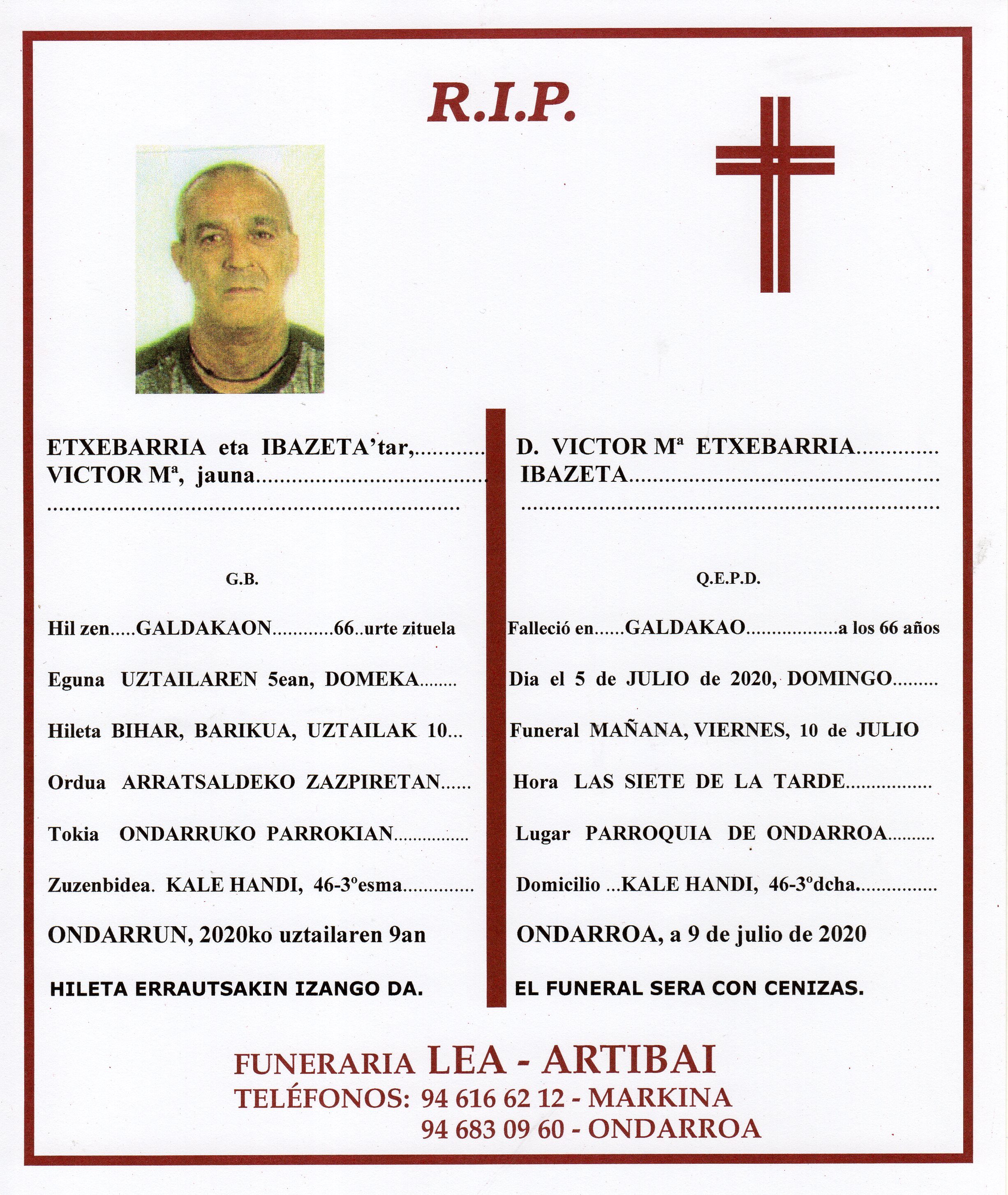 Esquela de Victor Mª Etxebarria Ibazeta