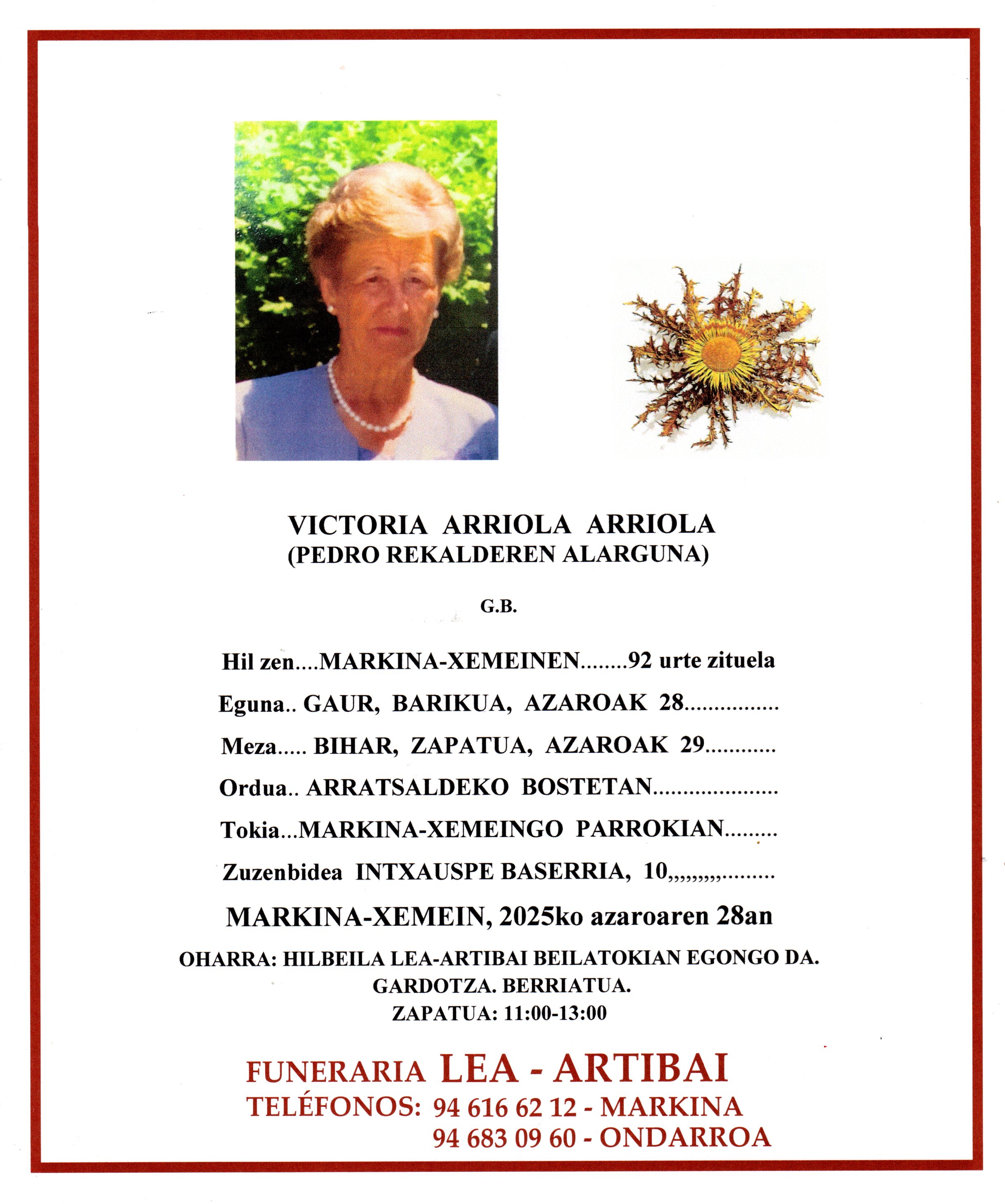 Esquela de Victoria Arriola Arriola