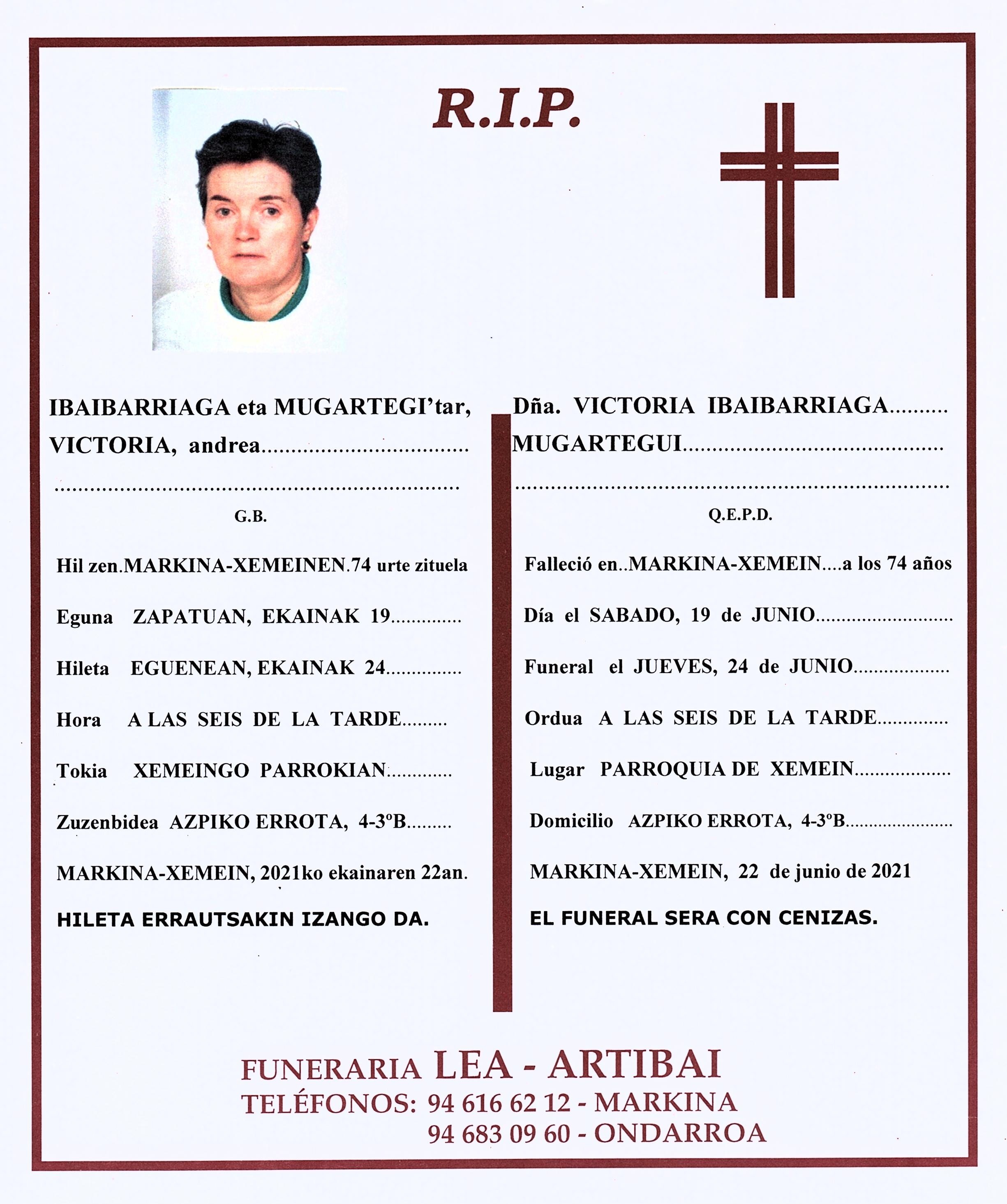 Esquela de Victoria Ibaibarriaga Mugartegi