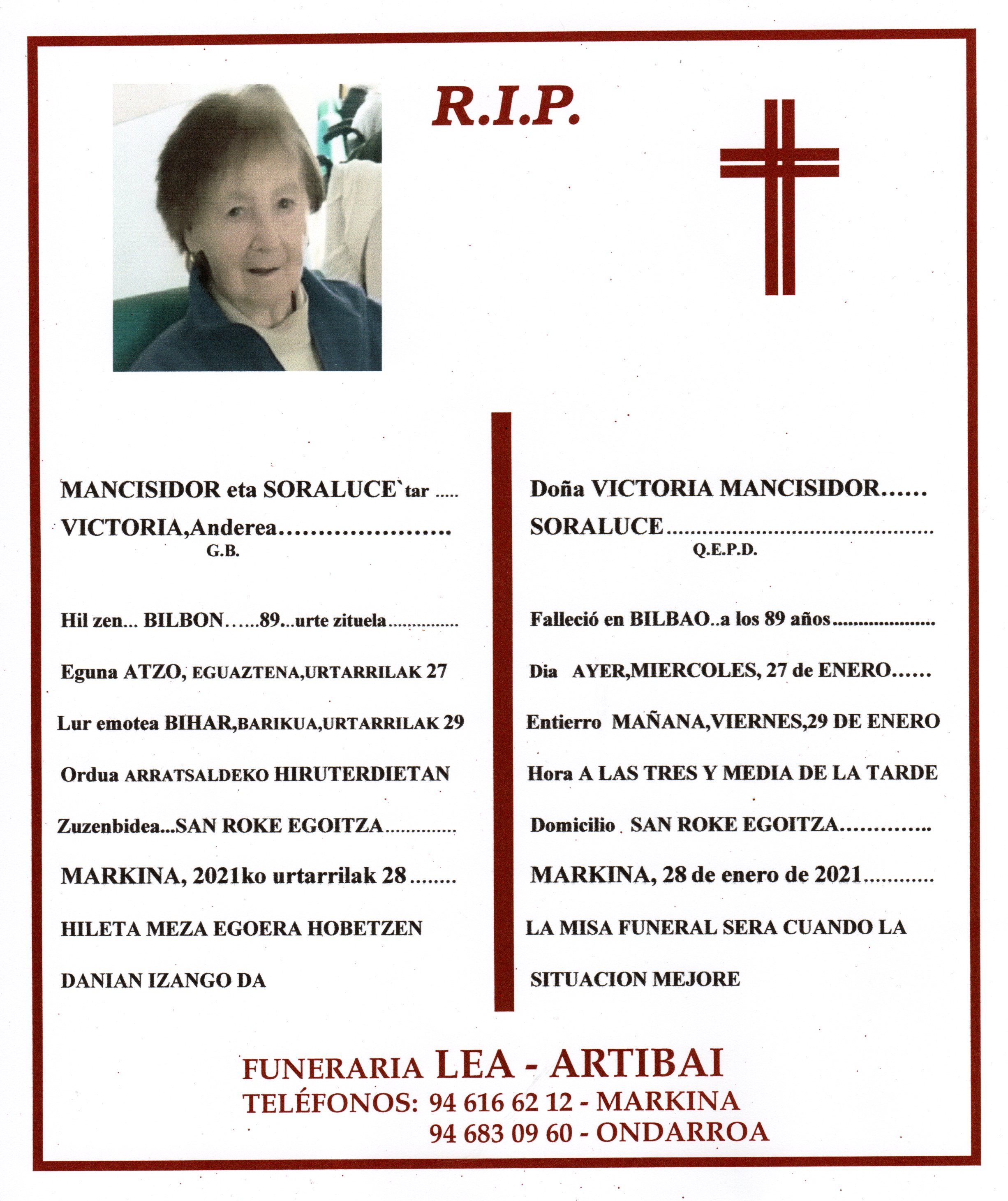 Esquela de Victoria Mancisidor Soraluce