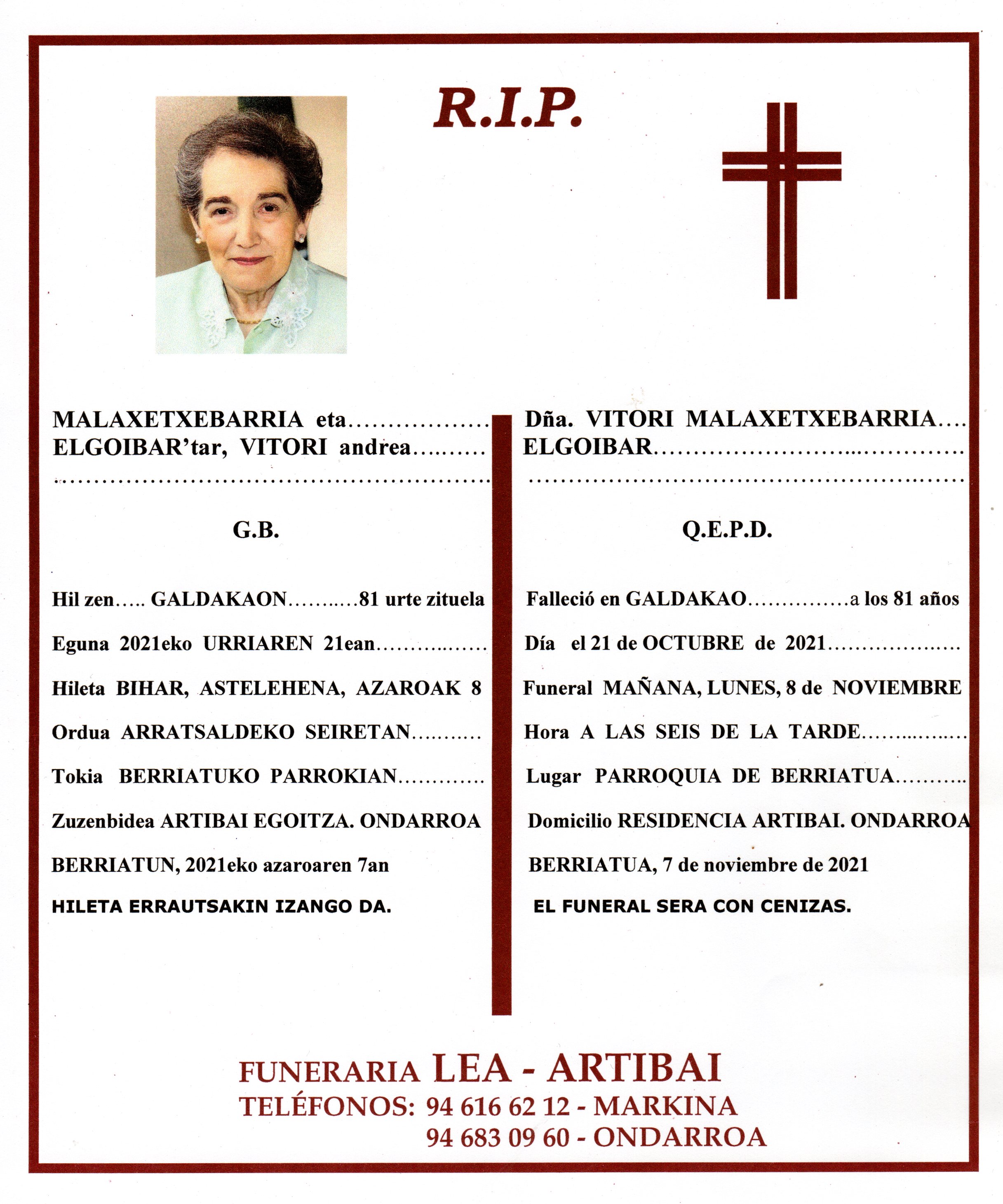 Esquela de Vitori Malaxetxebarria Elgoibar