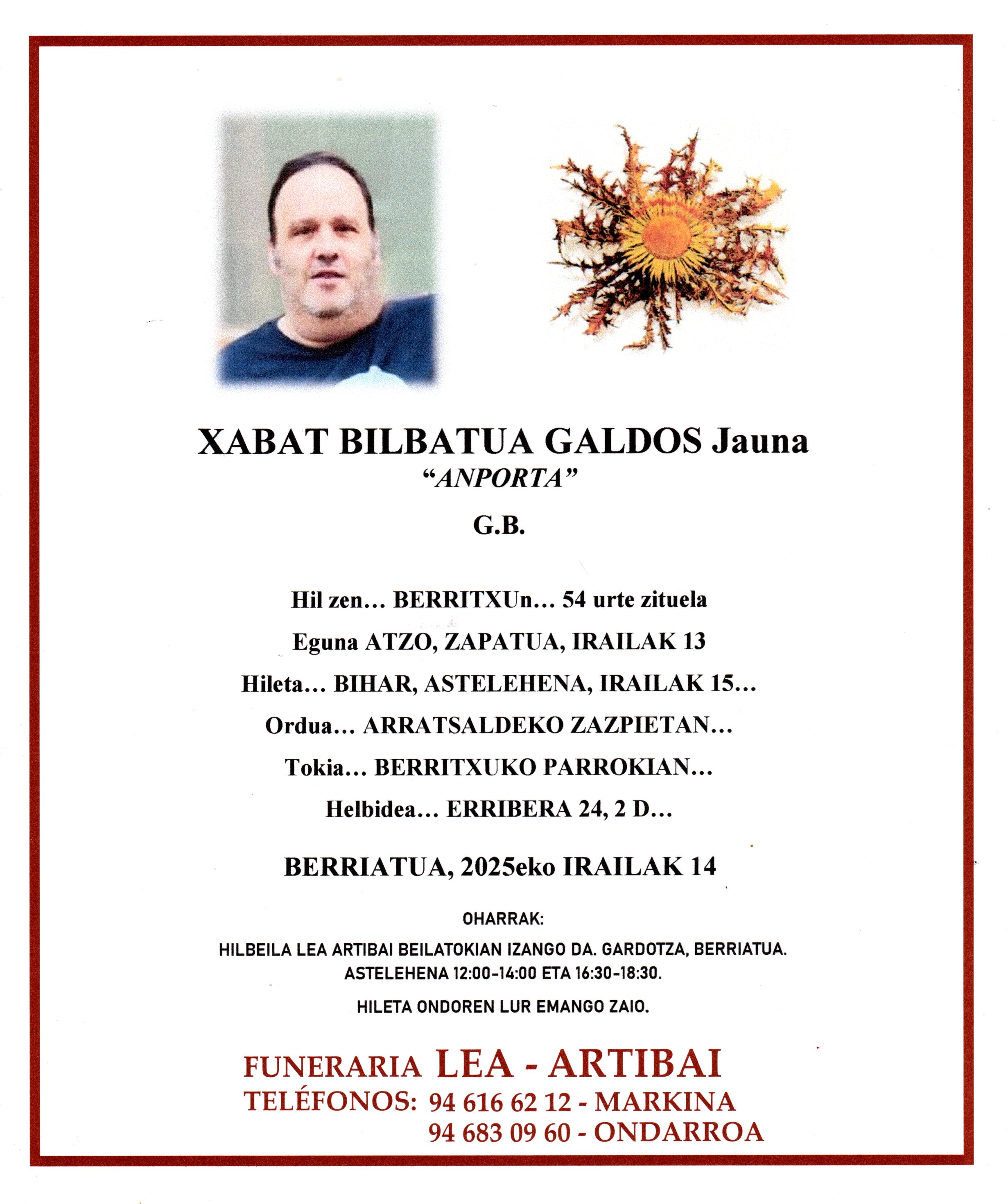 Esquela de Xabat Bilbatua Galdos