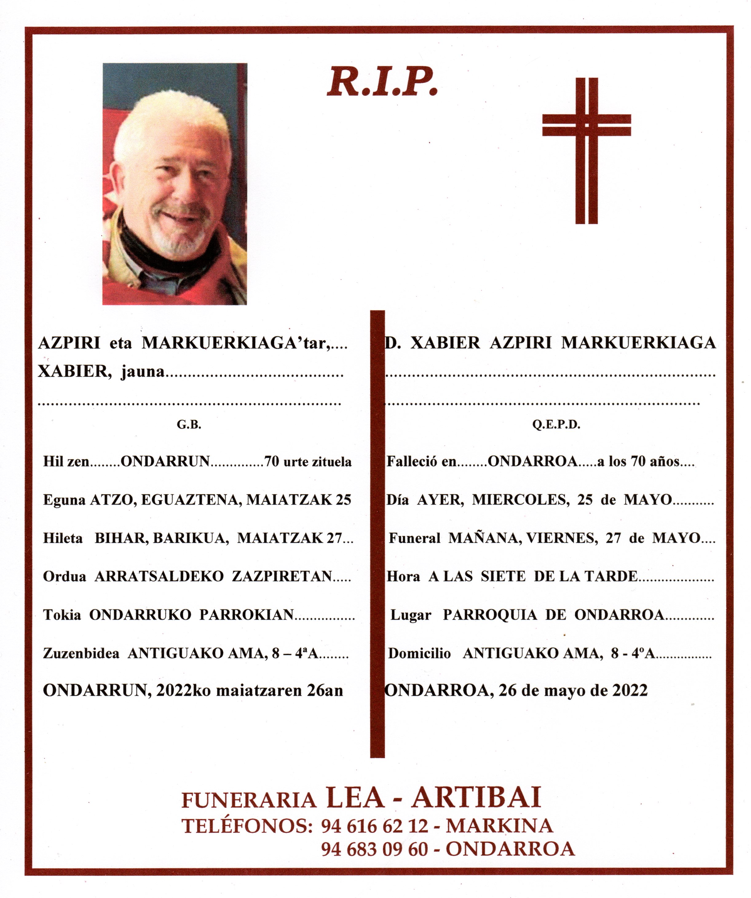 Esquela de Xabier Azpiri Markuerkiaga