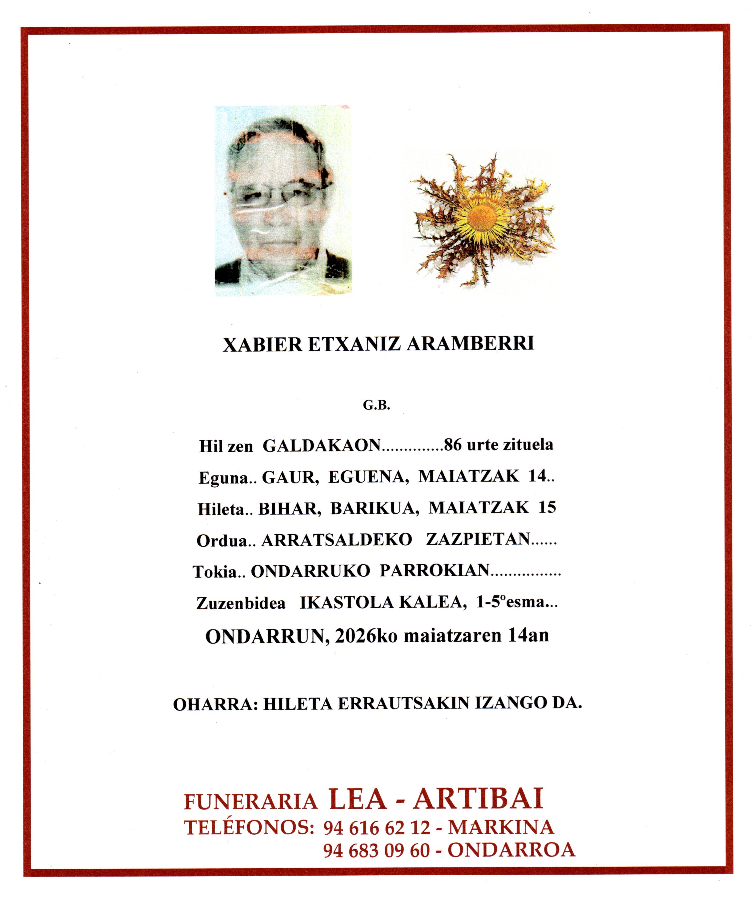 Esquela de Xabier Etxaniz Arambarri