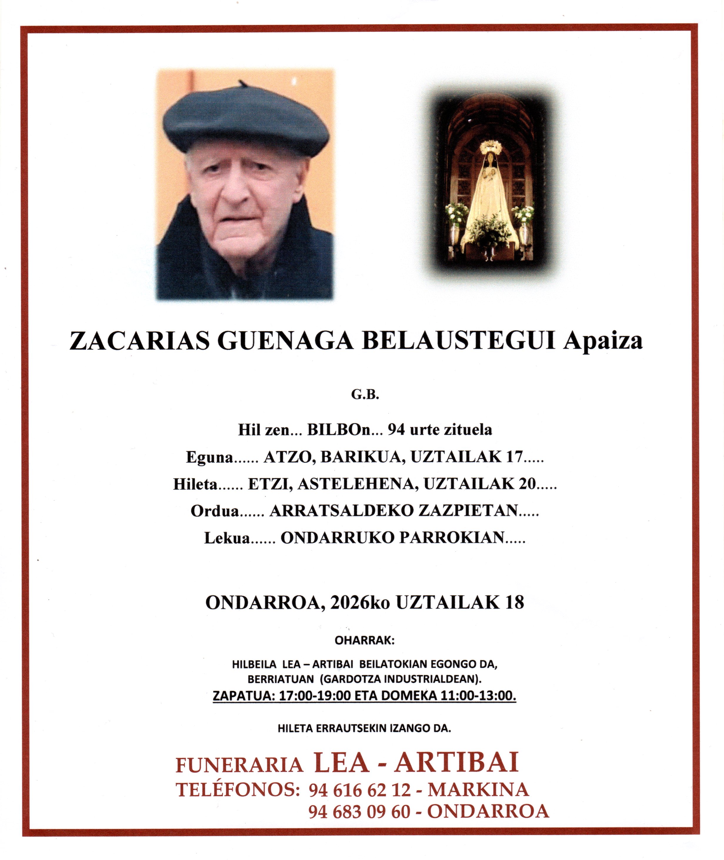 Esquela de Zacarias Guenaga Belaustegui