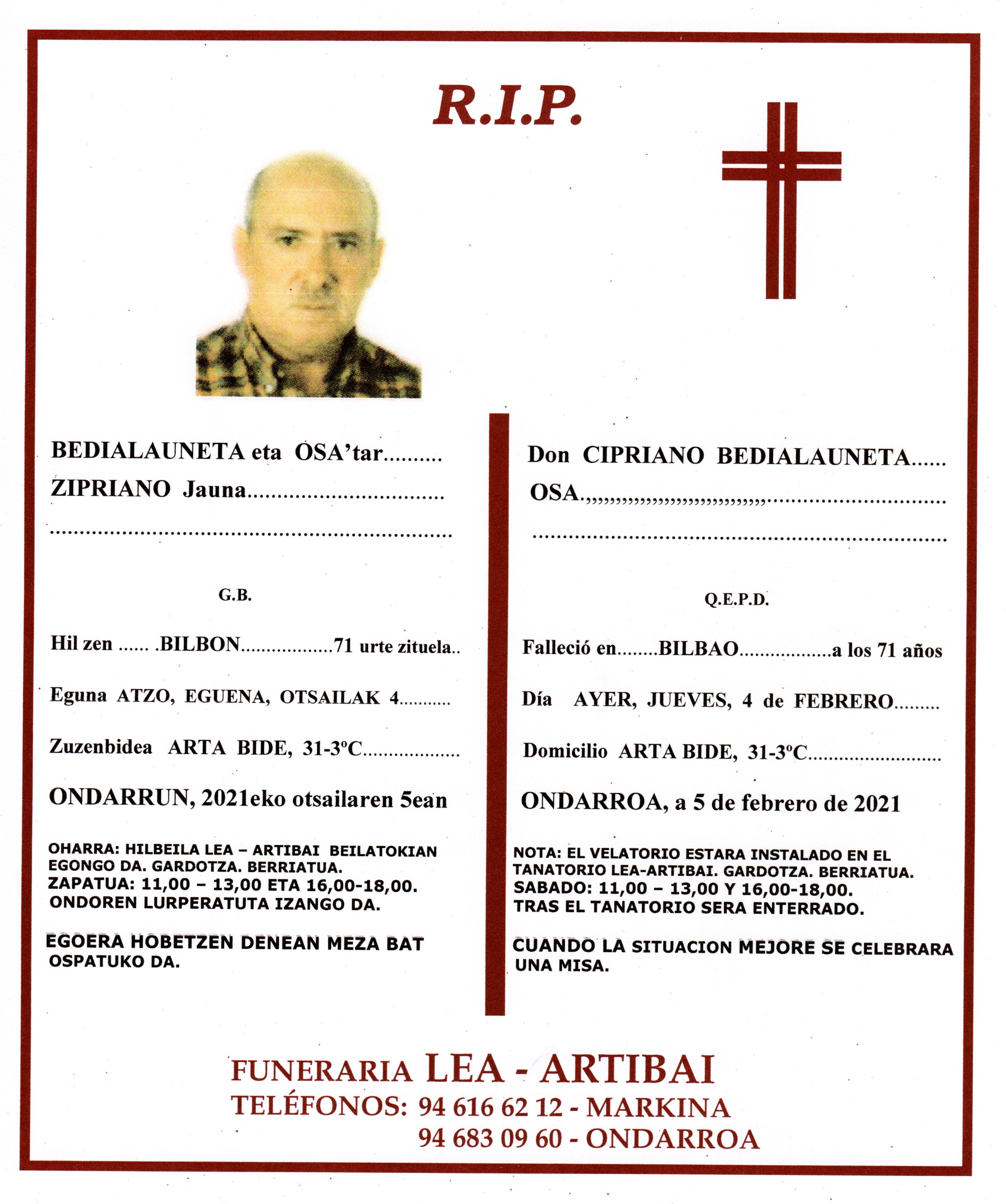 Esquela de Zipriano Bedialauneta Osa