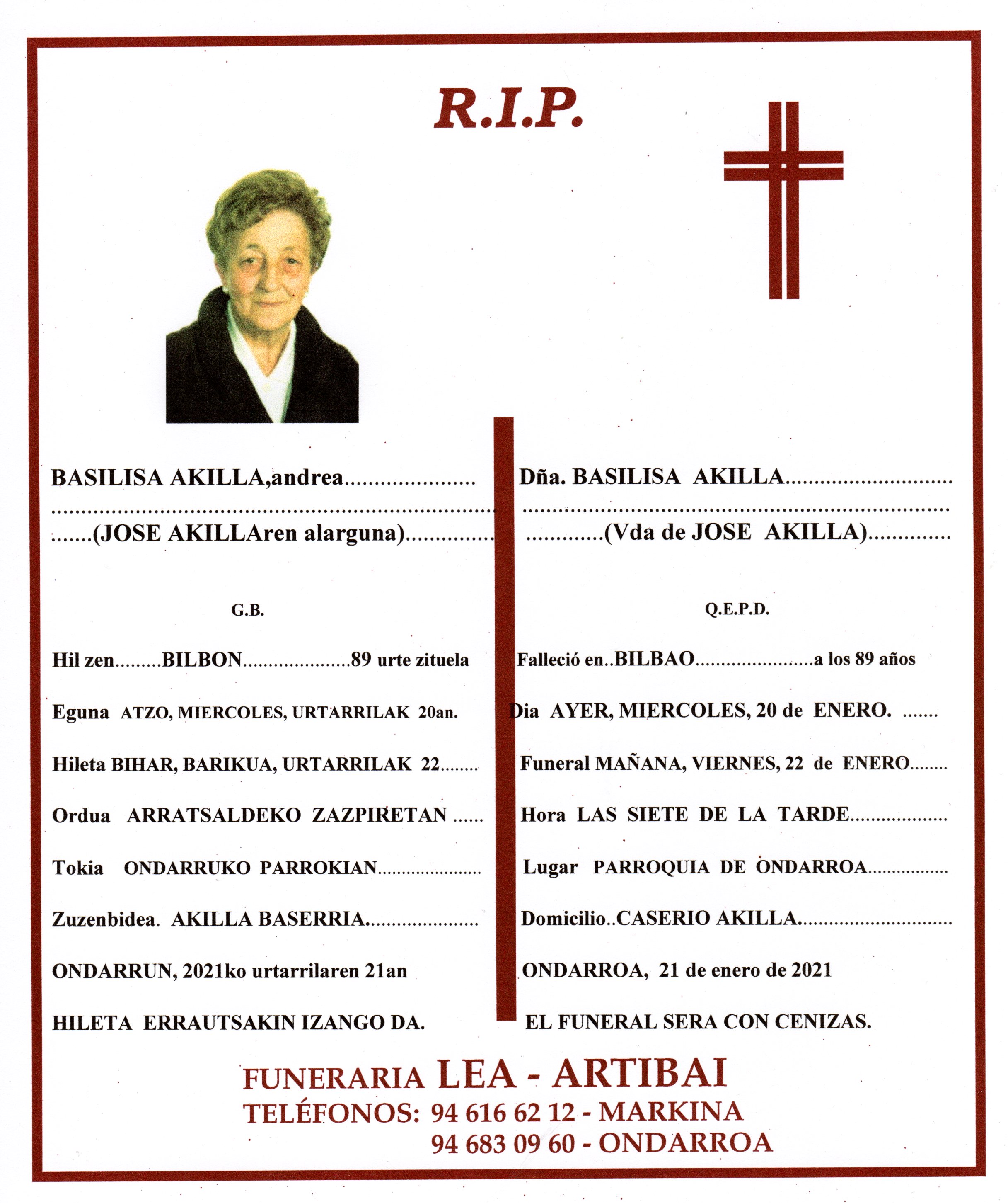 Esquela de Basilisa Akilla
