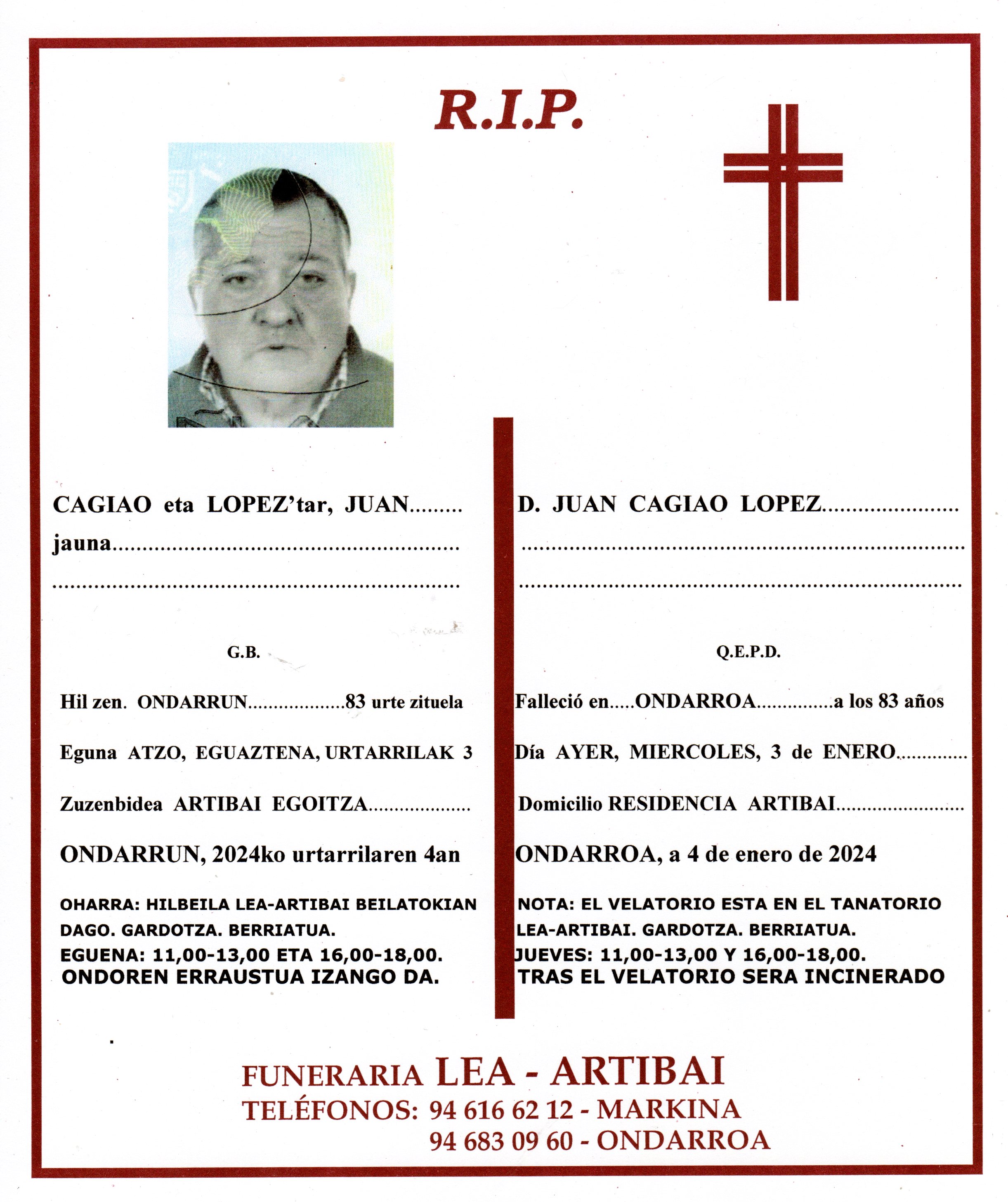 Esquela de Juan Cagiao Lopez