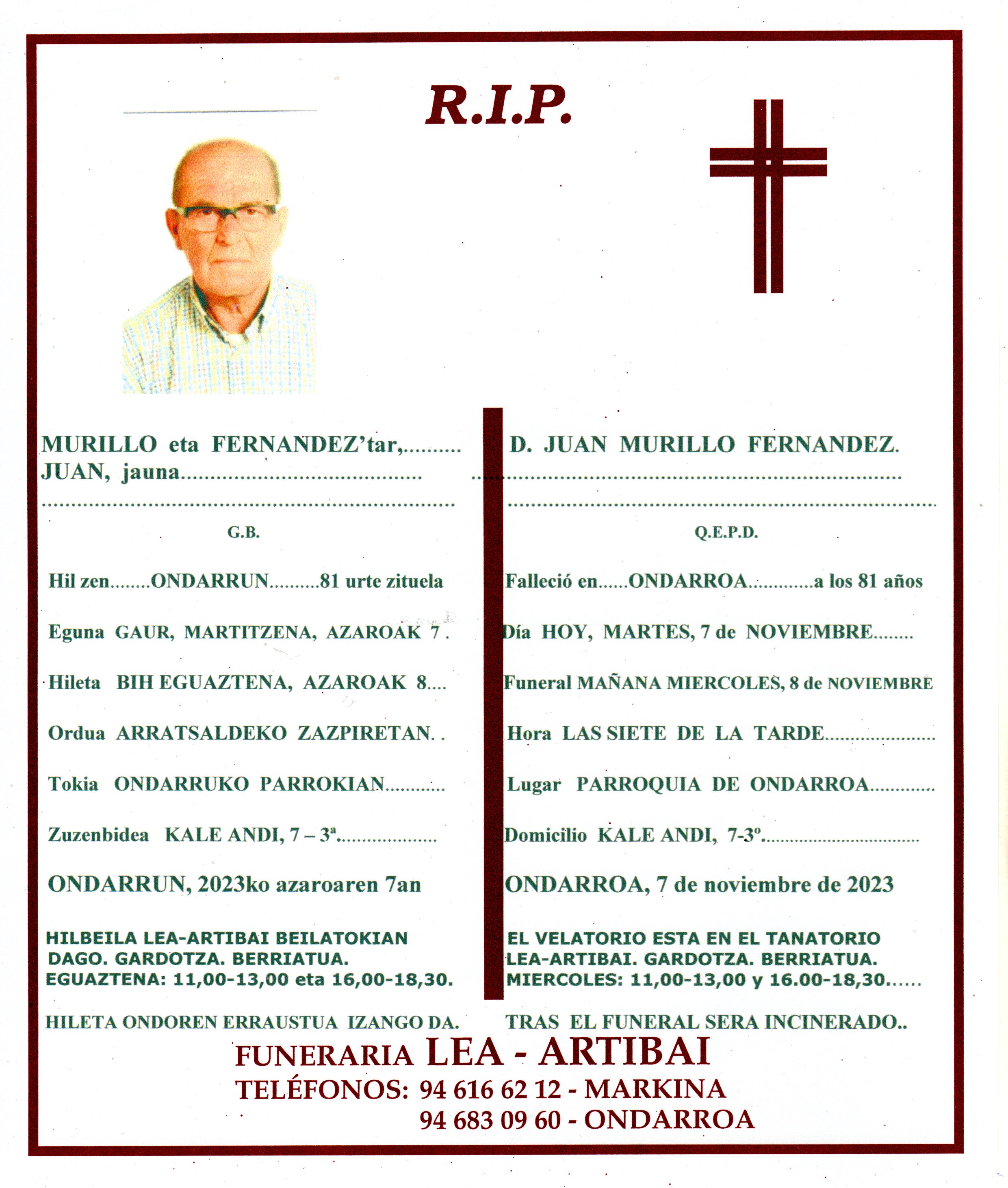Esquela de Juan Murillo Fernandez