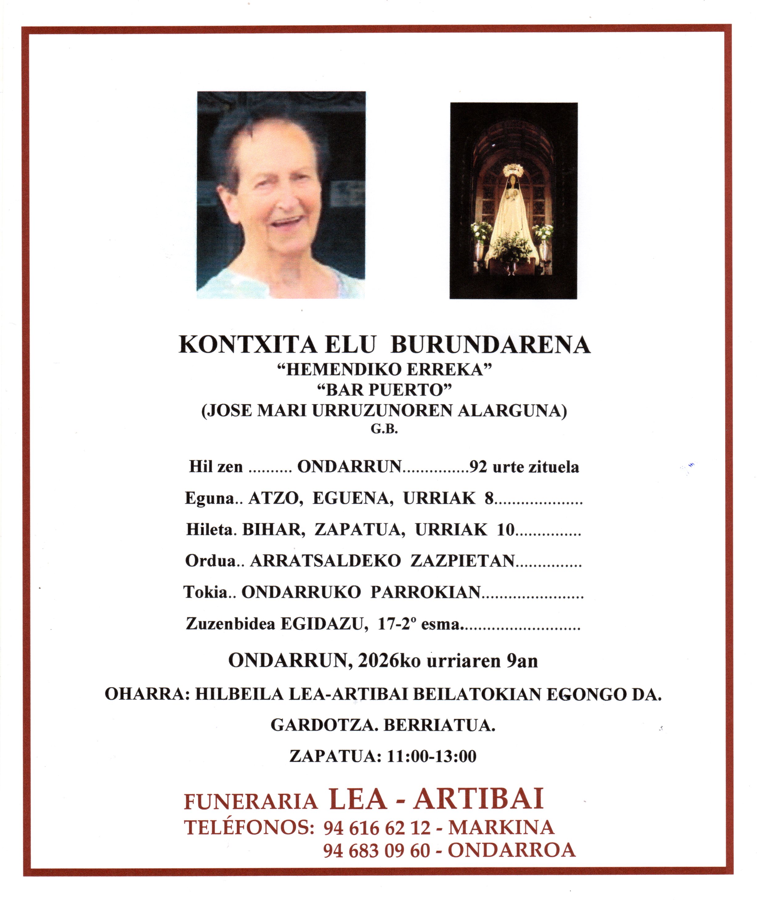 Esquela de Kontxita Elu Burundarena
