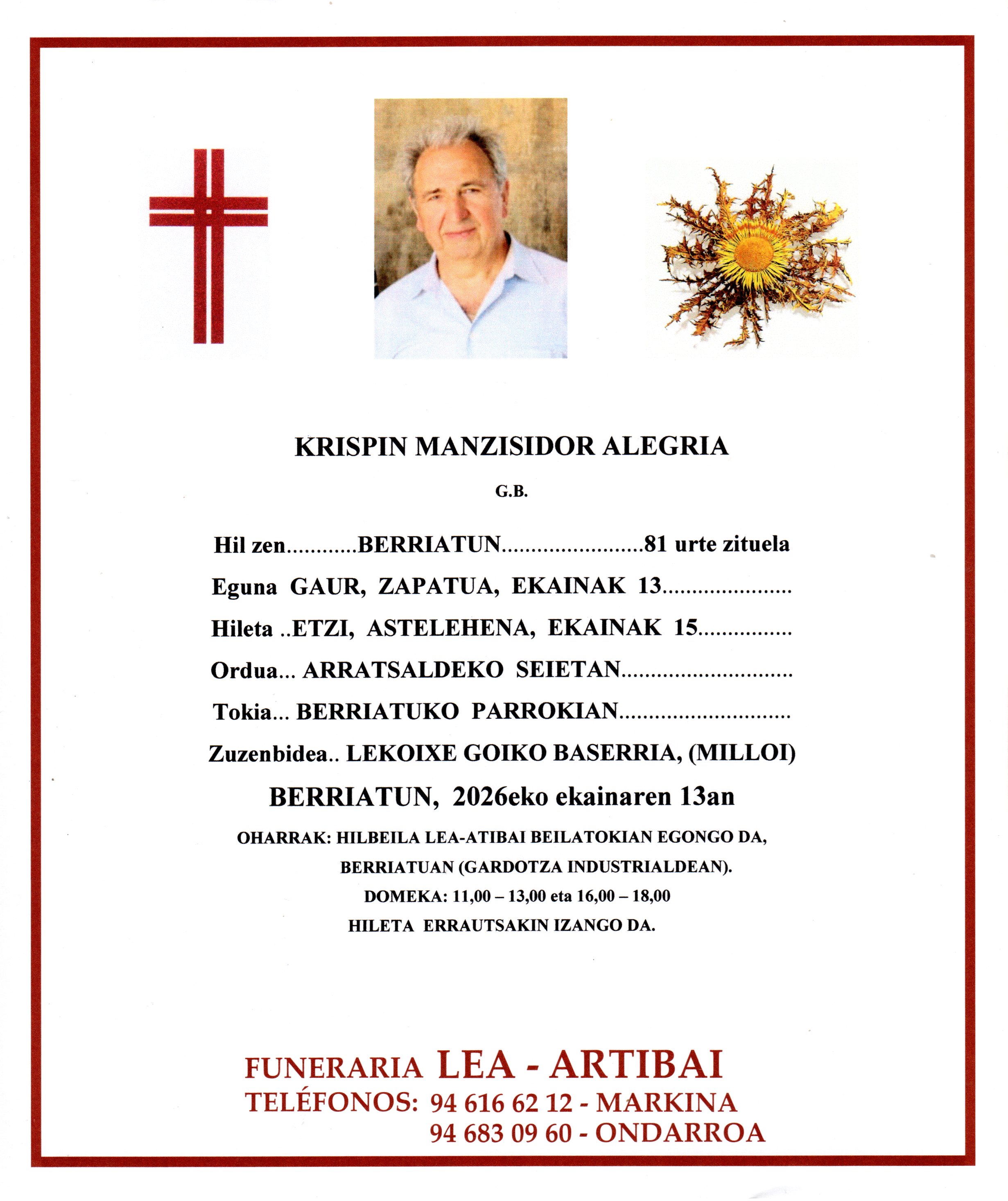 Esquela de Krispin Manzisidor Alegria