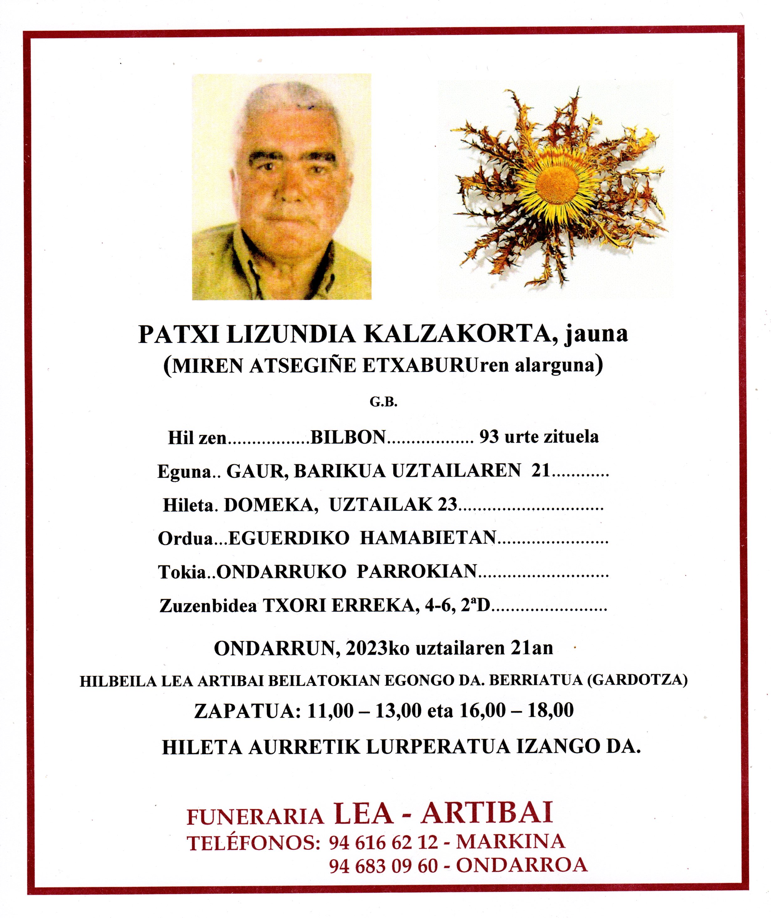 Esquela de Patxi Lizundia Kalzakorta